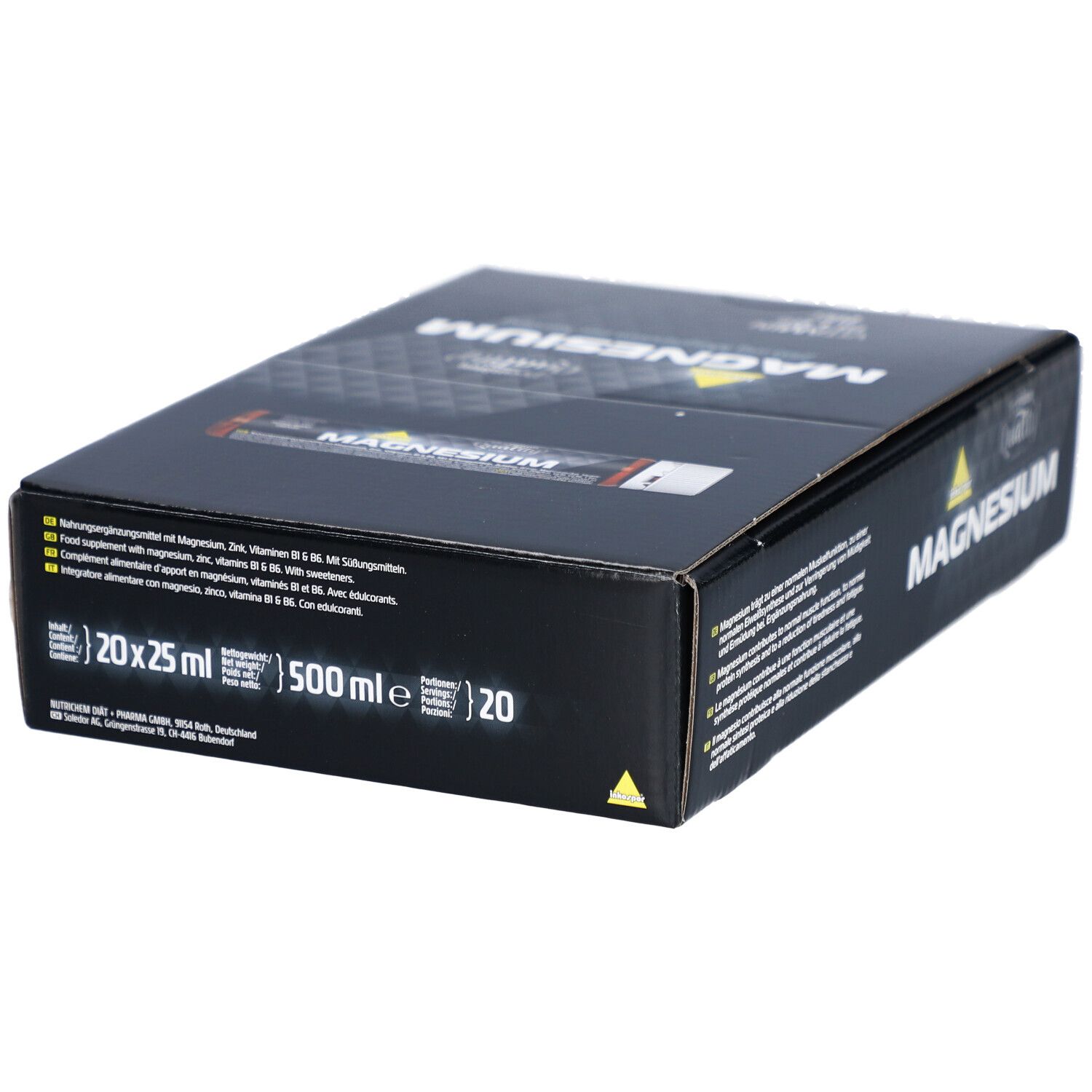 Schwarze Verpackung mit "MAGNESIUM" Schriftzug. Enthält 20x25ml. "500 ml e" und "20" angegeben.