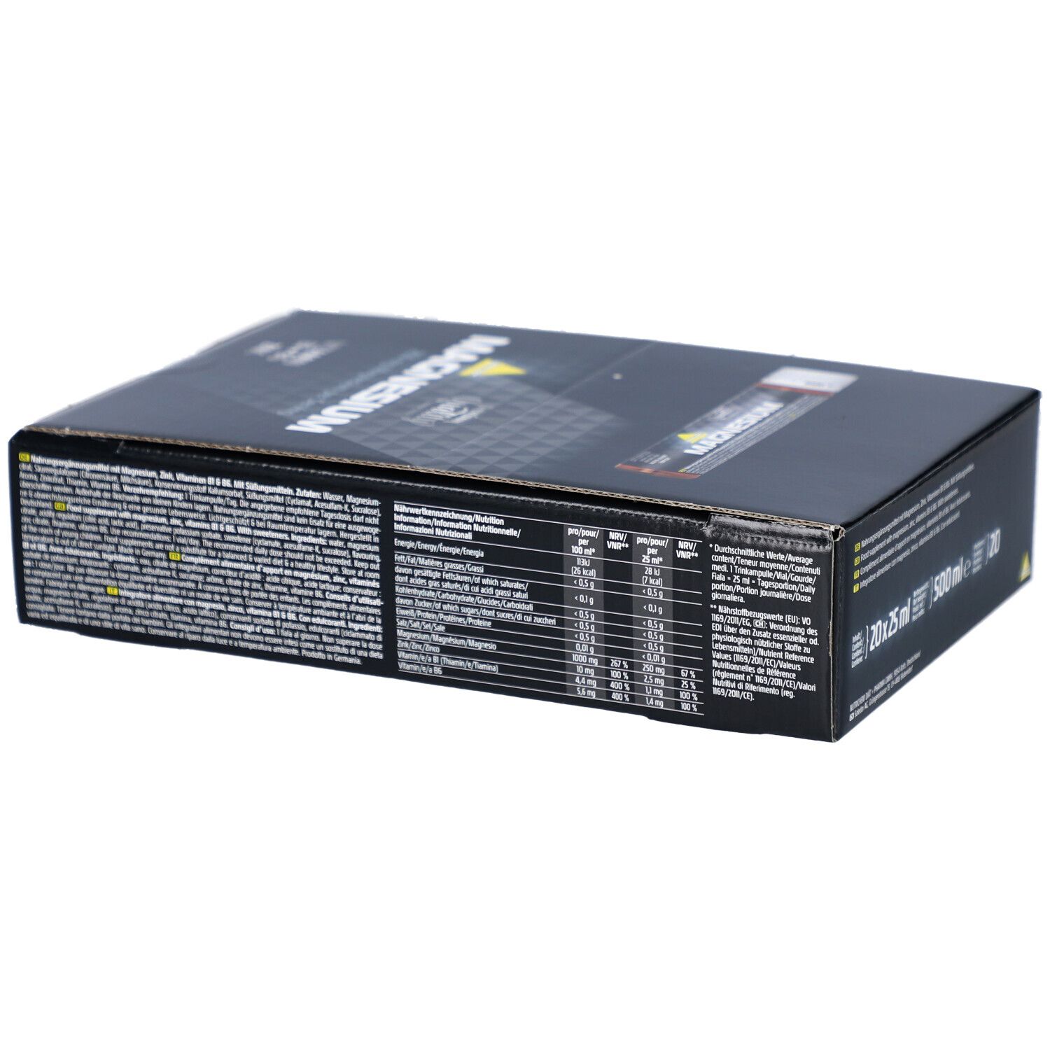 Schwarze Verpackung mit Text. Enthält Nährwertangaben. "MAGNESIUM" Schriftzug.
