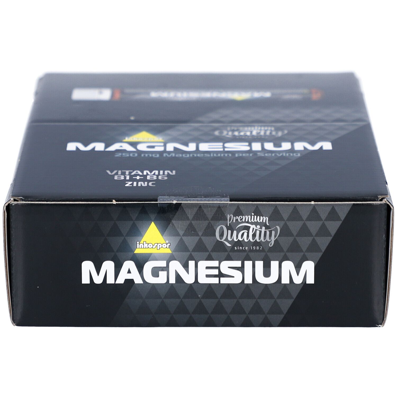 Schwarze Verpackung mit "MAGNESIUM" Schriftzug. Enthält "Vitamin B1+B6, Zink". "Premium Quality" Logo.