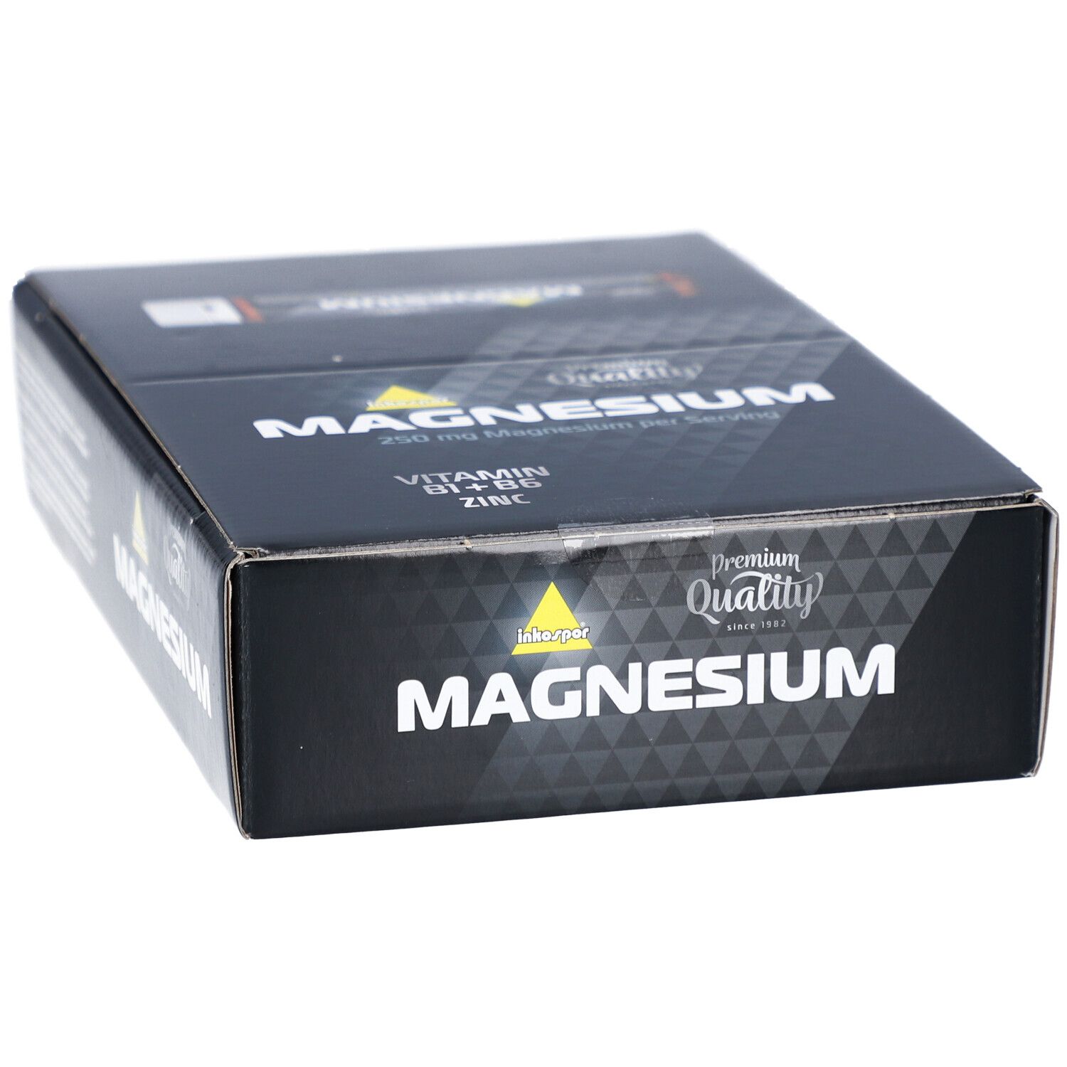 Schwarze Verpackung mit "MAGNESIUM" Schriftzug. Enthält "Vitamin B1+B6, Zink". "Premium Quality" Logo.