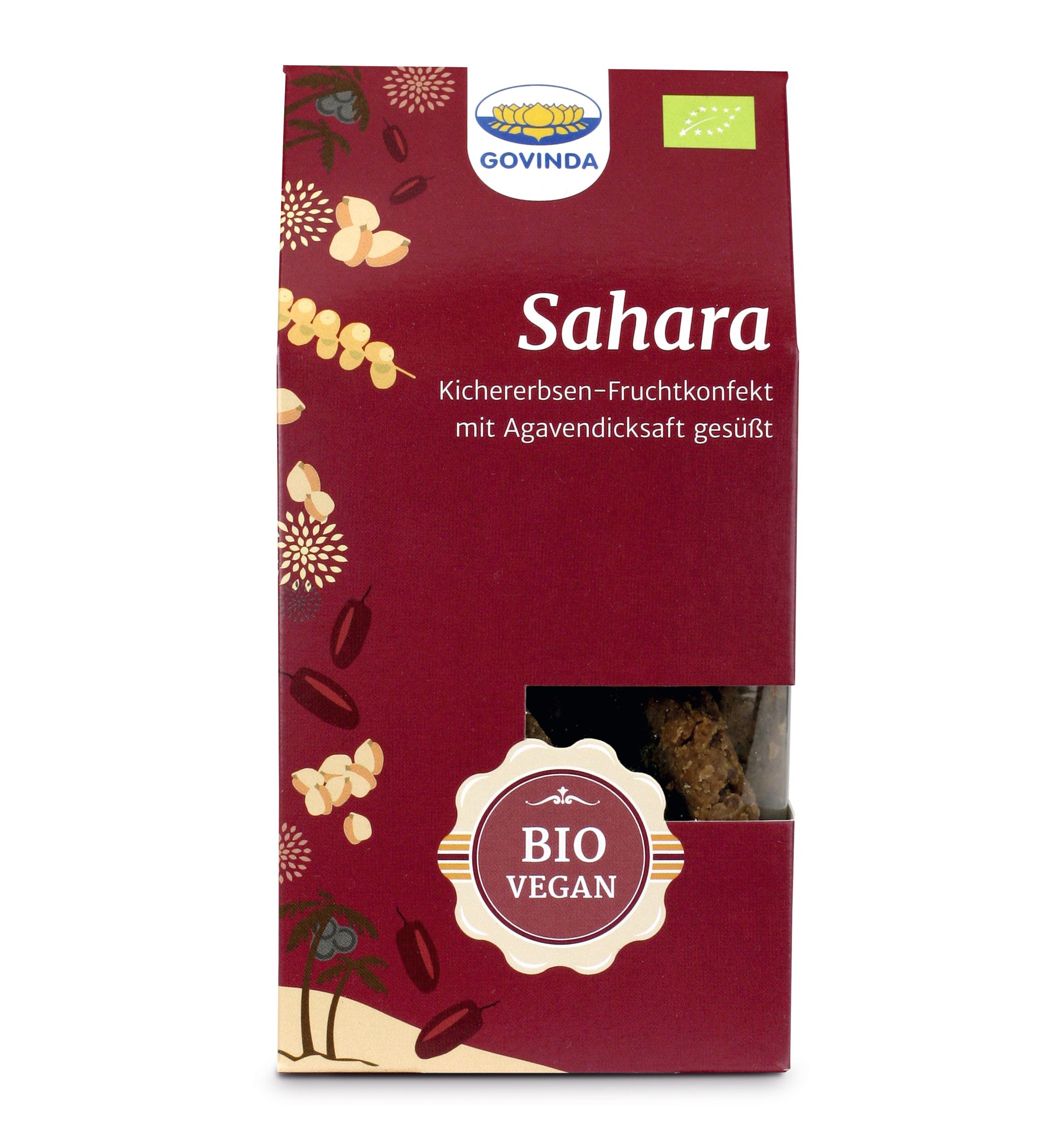 Emballage rouge avec logo "Govinda" et texte "Sahara". Label Bio Vegan. Fenêtre avec confiserie visible.