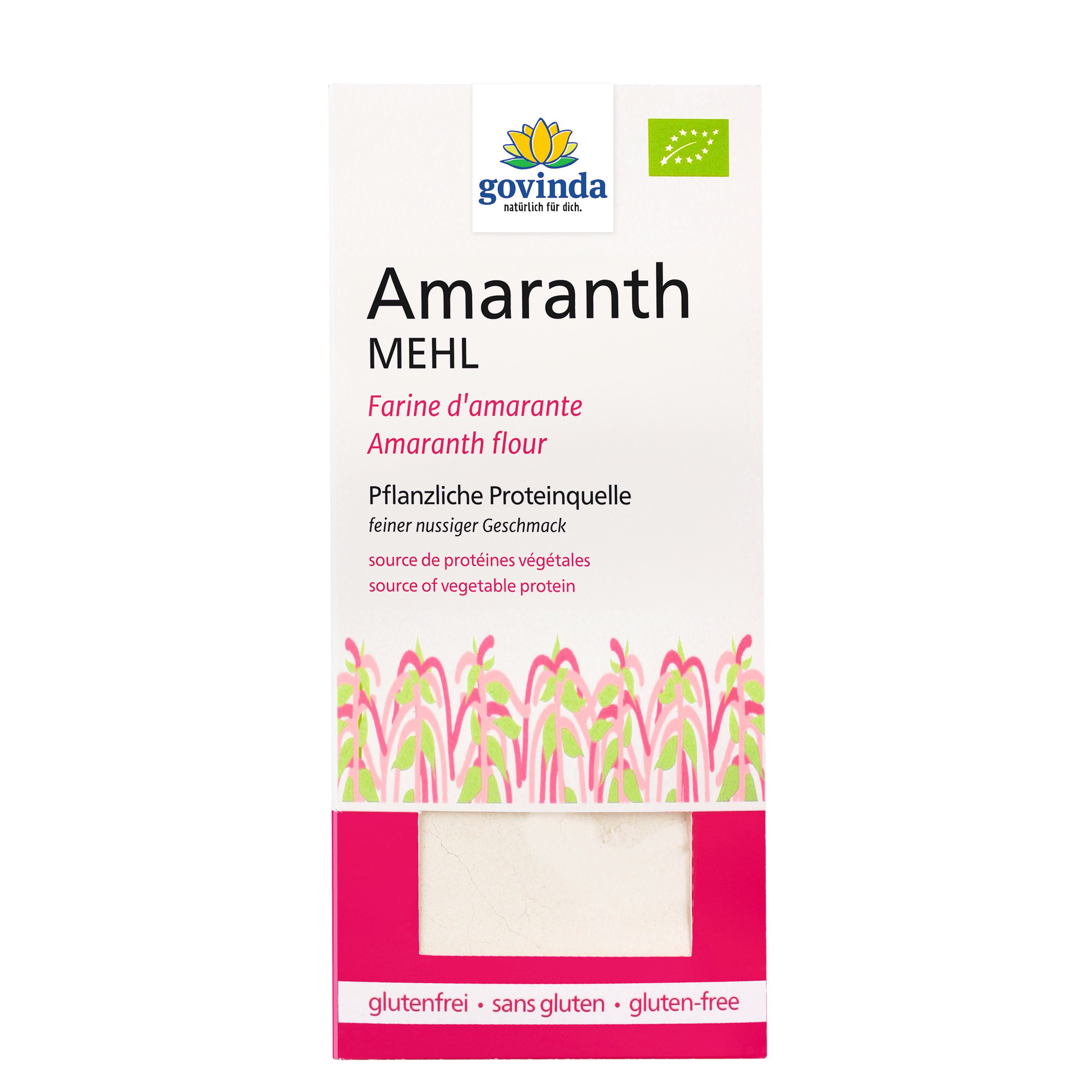 Govinda Amaranth Mehl-Verpackung. Weißer Karton mit Produktnamen, Logo und Text. Glutenfrei-Label.