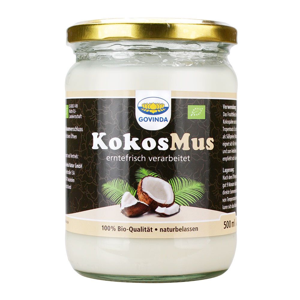 Pot de KokosMus Govinda, logo bio. Inscription : KokosMus, naturel, 100% qualité bio. Illustration de noix de coco.
