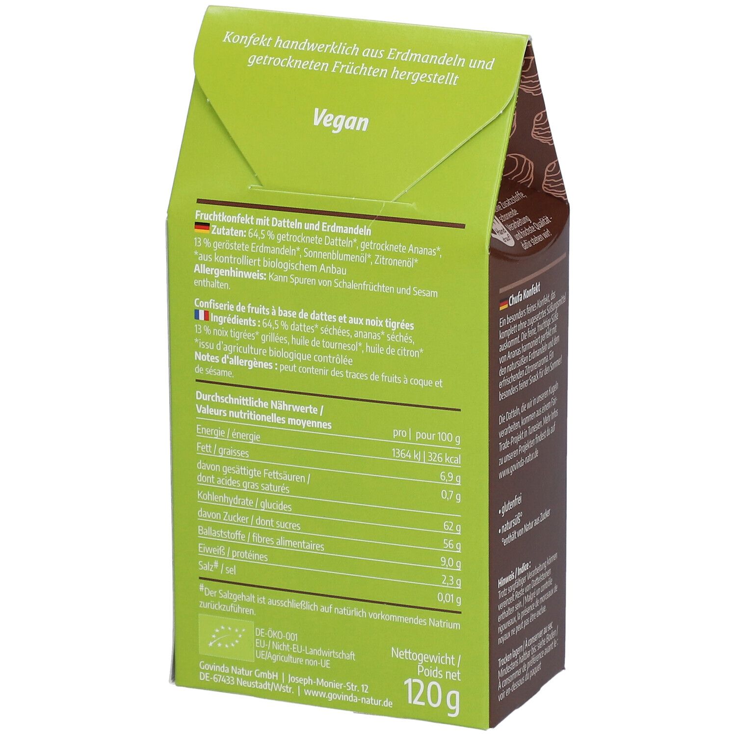 Dos de l'emballage avec texte, informations nutritionnelles et inscription "Vegan". Label "Bio".