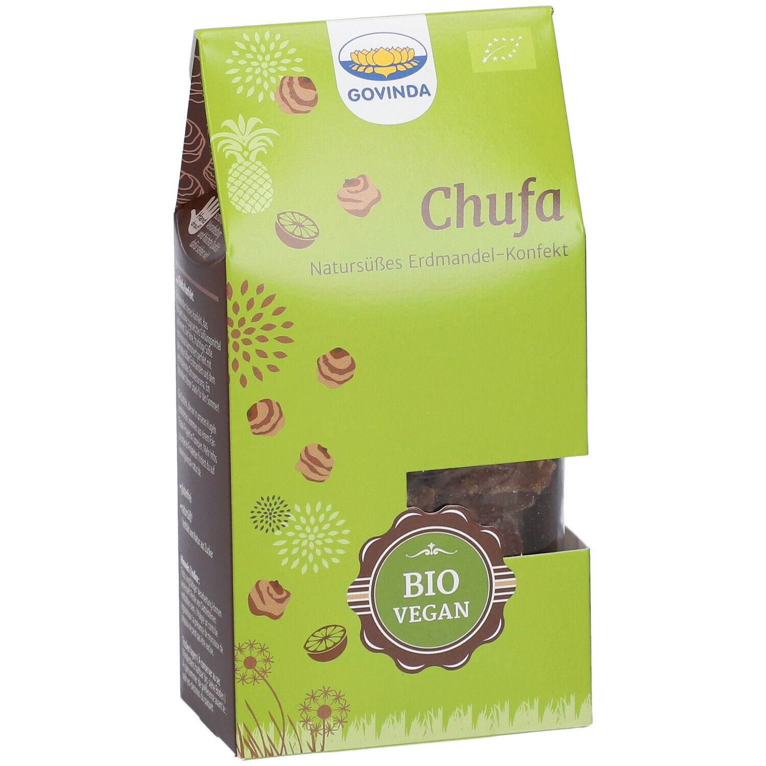 Emballage vert incliné avec logo "Govinda" et inscription "Chufa". Label "Bio Vegan". Fenêtre.