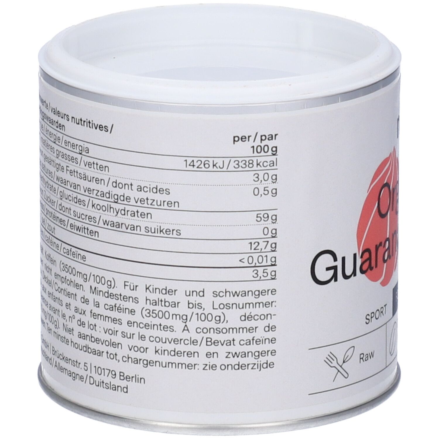 Rückseite der Dose mit Nährwertangaben und Inhaltsstoffen. Text in Deutsch, Französisch und Niederländisch. Mit Bio-Siegel.