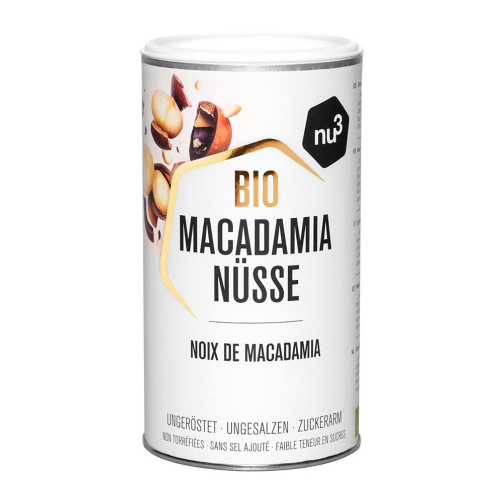 Zylinderdose mit nu3-Logo und "BIO MACADAMIA NÜSSE". Enthält Nüsse, Text: ungeröstet, ungesalzen, zuckerarm.