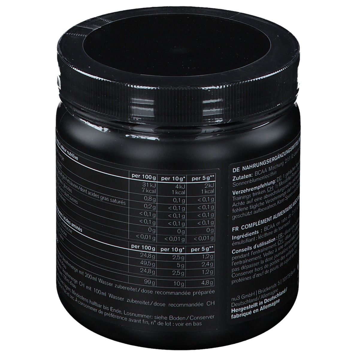 Pot noir avec tableau nutritionnel. Liste des ingrédients. Couvercle scellé.