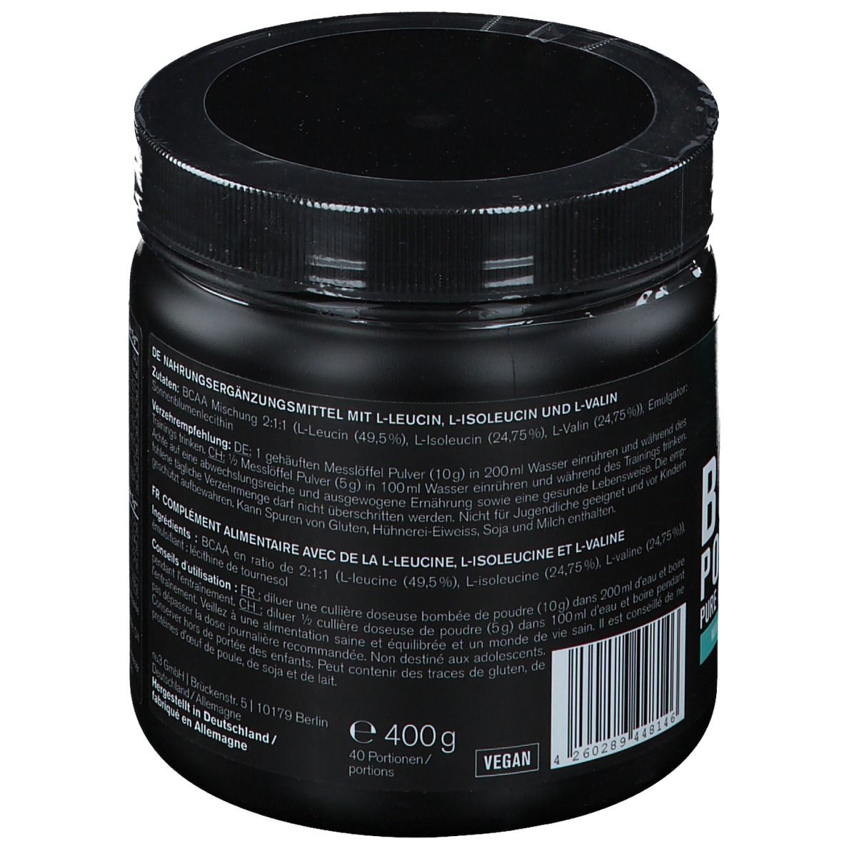 Pot noir avec informations nutritionnelles. 40 portions. Vegan. Couvercle scellé.