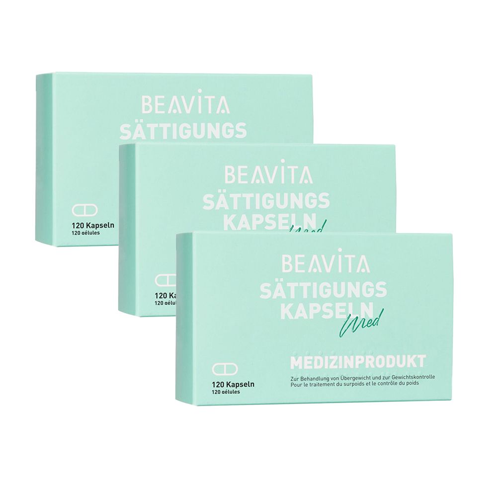 Trois boîtes de gélules de satiété BEAVITA. Boîtes vert clair avec texte blanc. Chaque boîte contient 120 gélules. Produit médical.