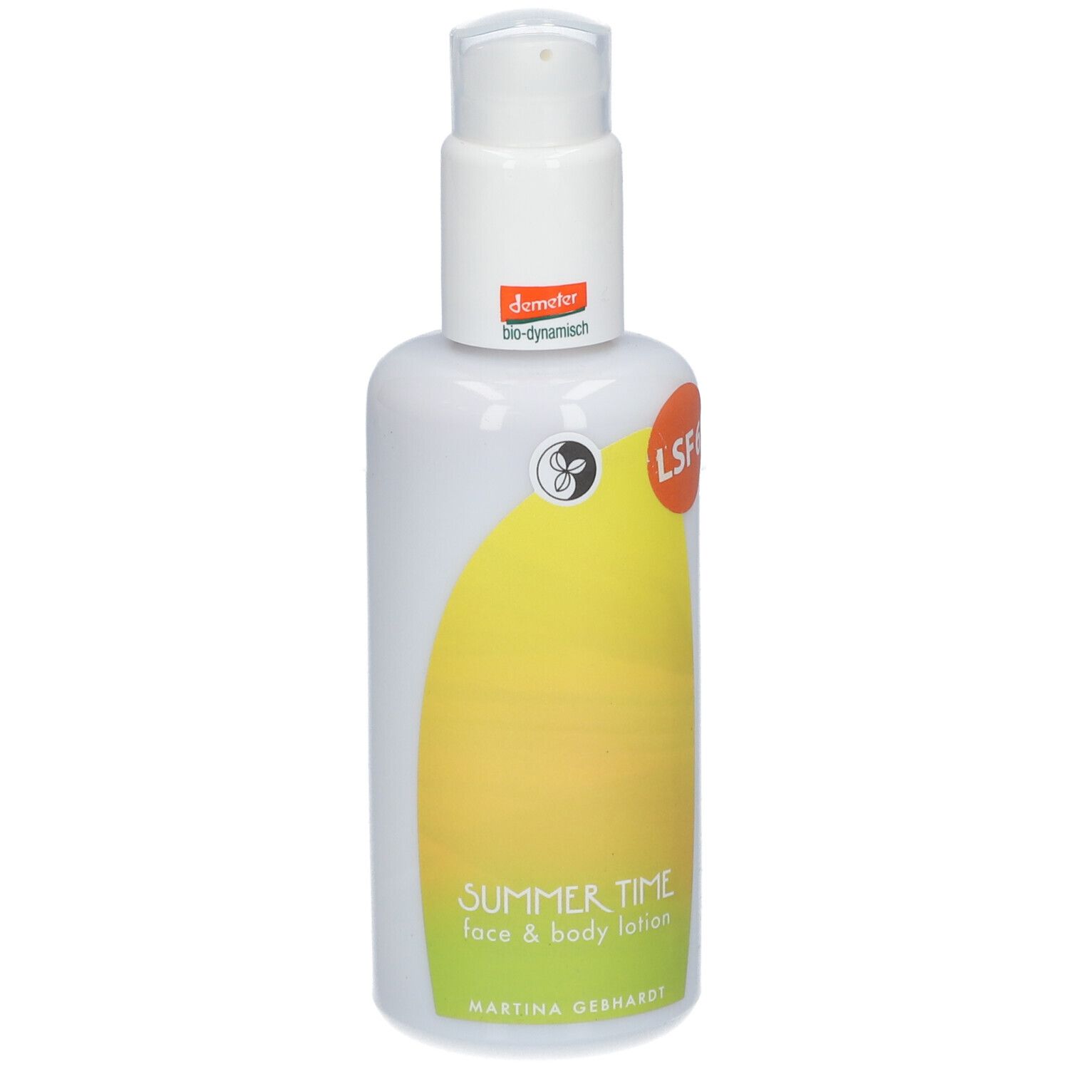 Weiße Flasche mit Pumpe. Aufschrift: Summer Time Face & Body Lotion, Martina Gebhardt. LSF6-Label.