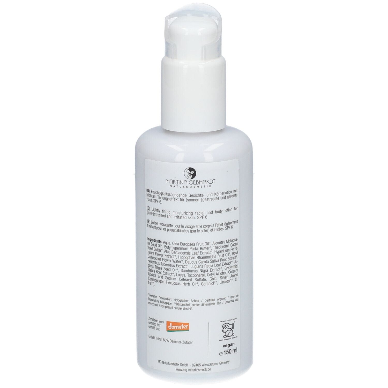 Weiße Flasche mit Pumpe. Text mit Inhaltsstoffen und Informationen. Demeter-Logo und Vegan-Siegel.
