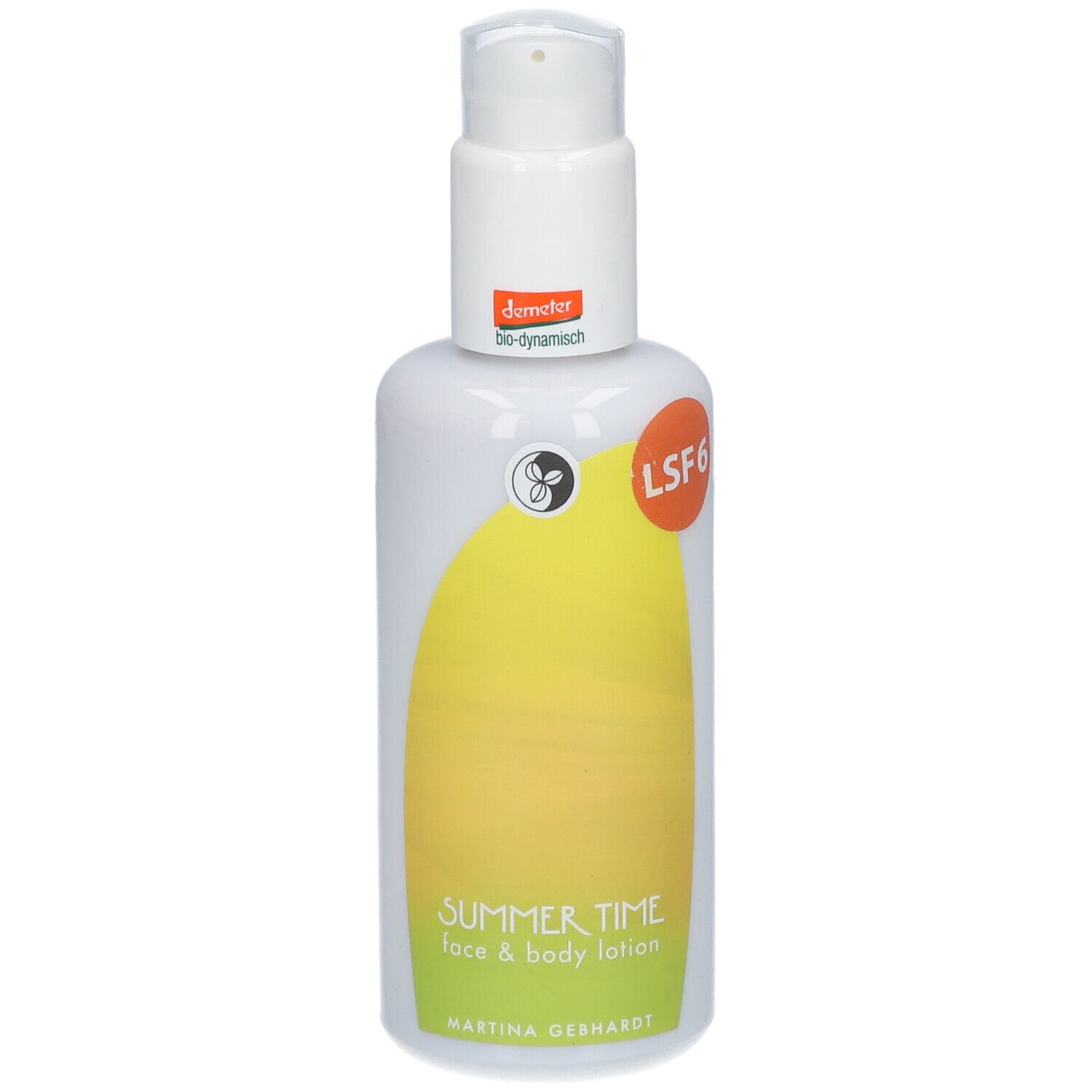 Weiße Flasche mit Pumpe. Aufschrift: Summer Time Face & Body Lotion, Martina Gebhardt. LSF6-Label.
