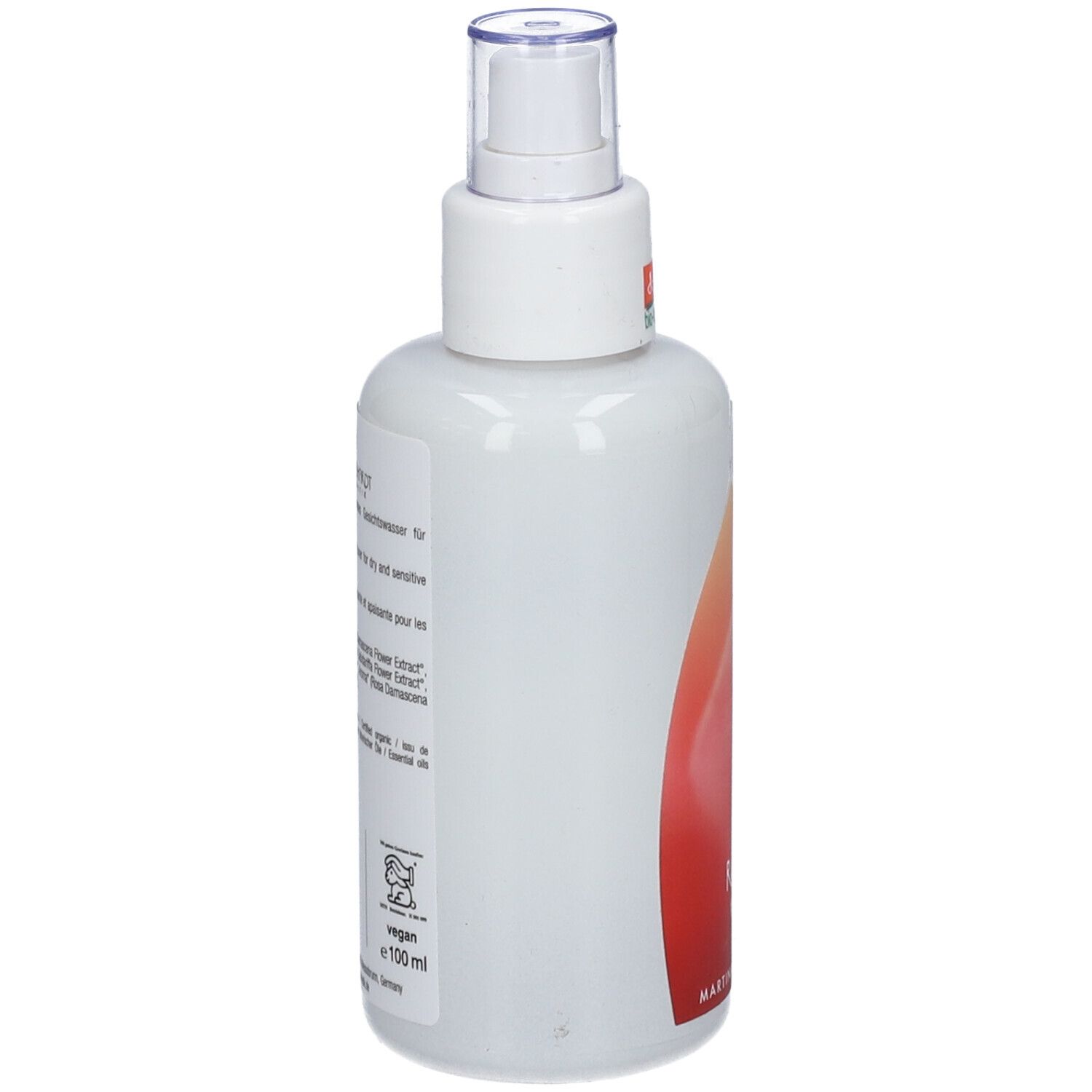 Weißes Fläschchen mit Sprühkopf. Aufschrift und Inhaltsstoffe. Vegan-Siegel. 100ml.
