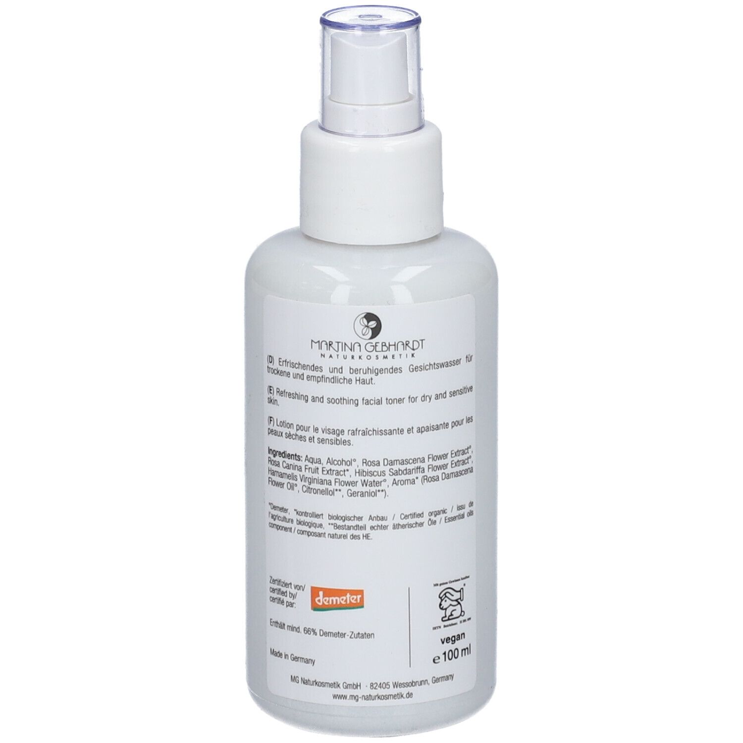 Weißes Fläschchen mit Sprühkopf. Rückseite mit Text und Inhaltsstoffen. Demeter-Siegel. Vegan-Siegel. 100ml.