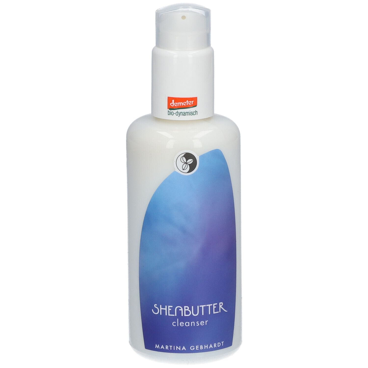 Flacon blanc avec pompe. Inscription SHEABUTTER cleanser et Martina Gebhardt. Label Demeter.