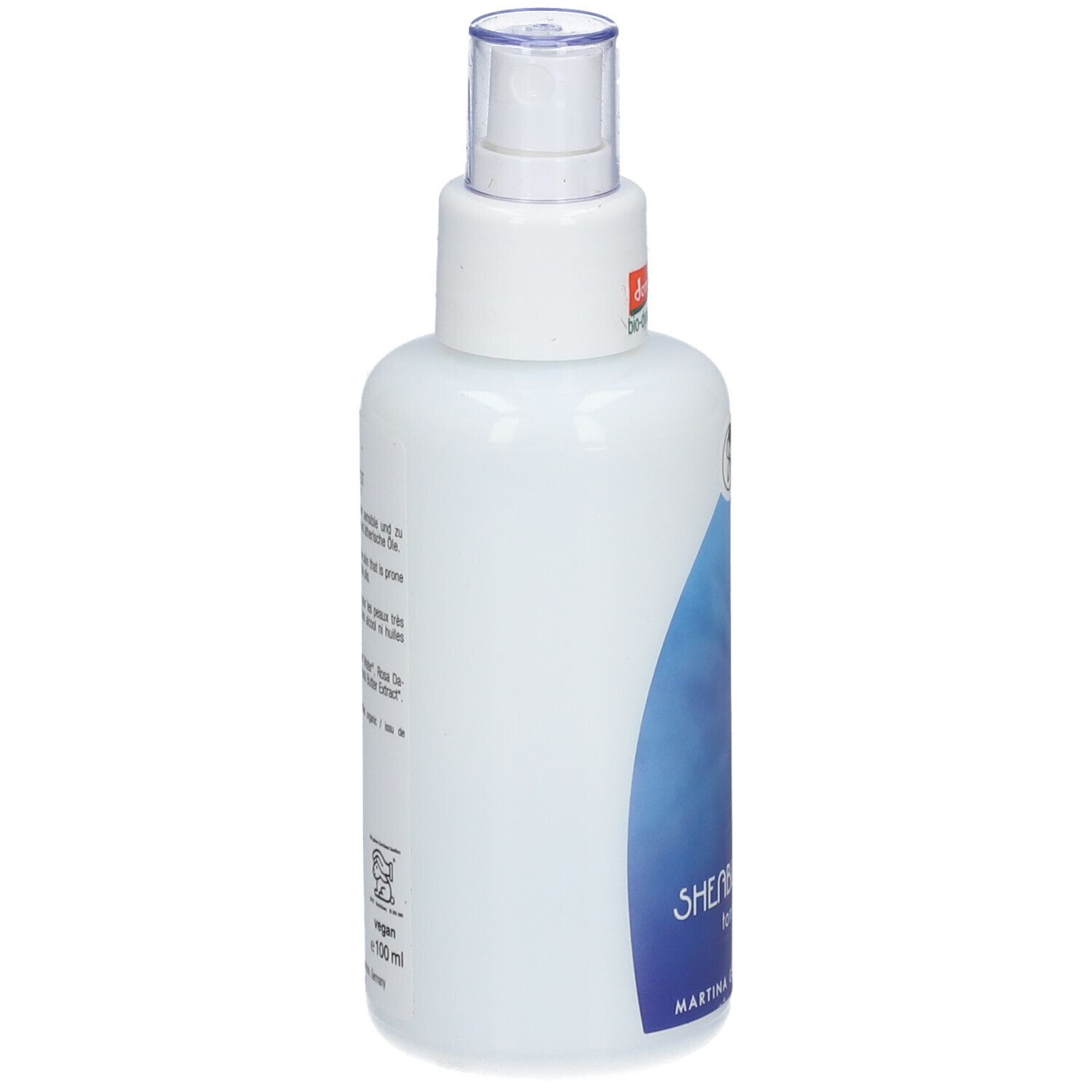 Martina Gebhardt Sheabutter Tonic Flasche, Seitenansicht mit Hinweisen und Siegeln.