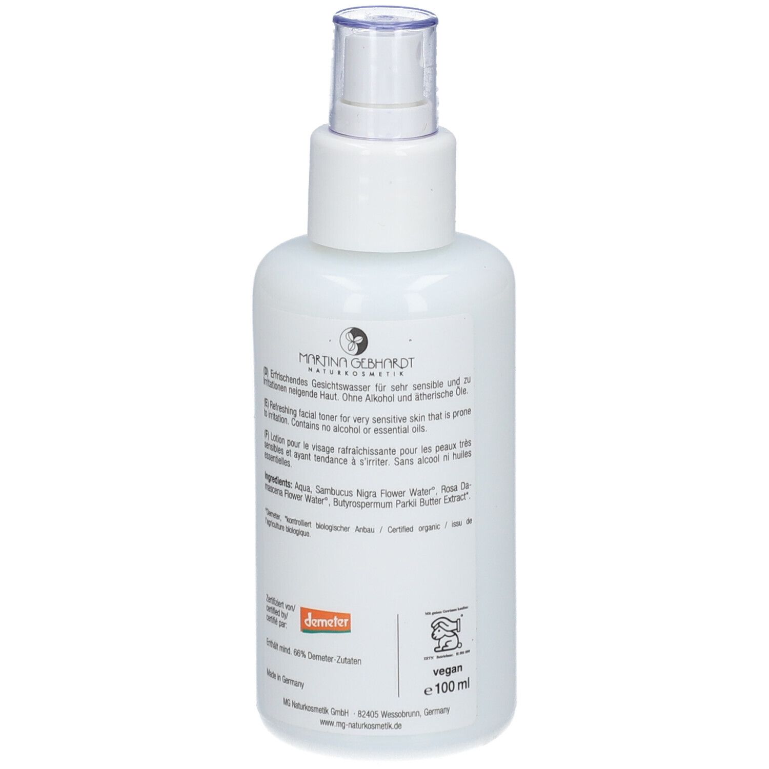 Rückseite der Martina Gebhardt Sheabutter Tonic Flasche mit Inhaltsstoffen und Siegeln.