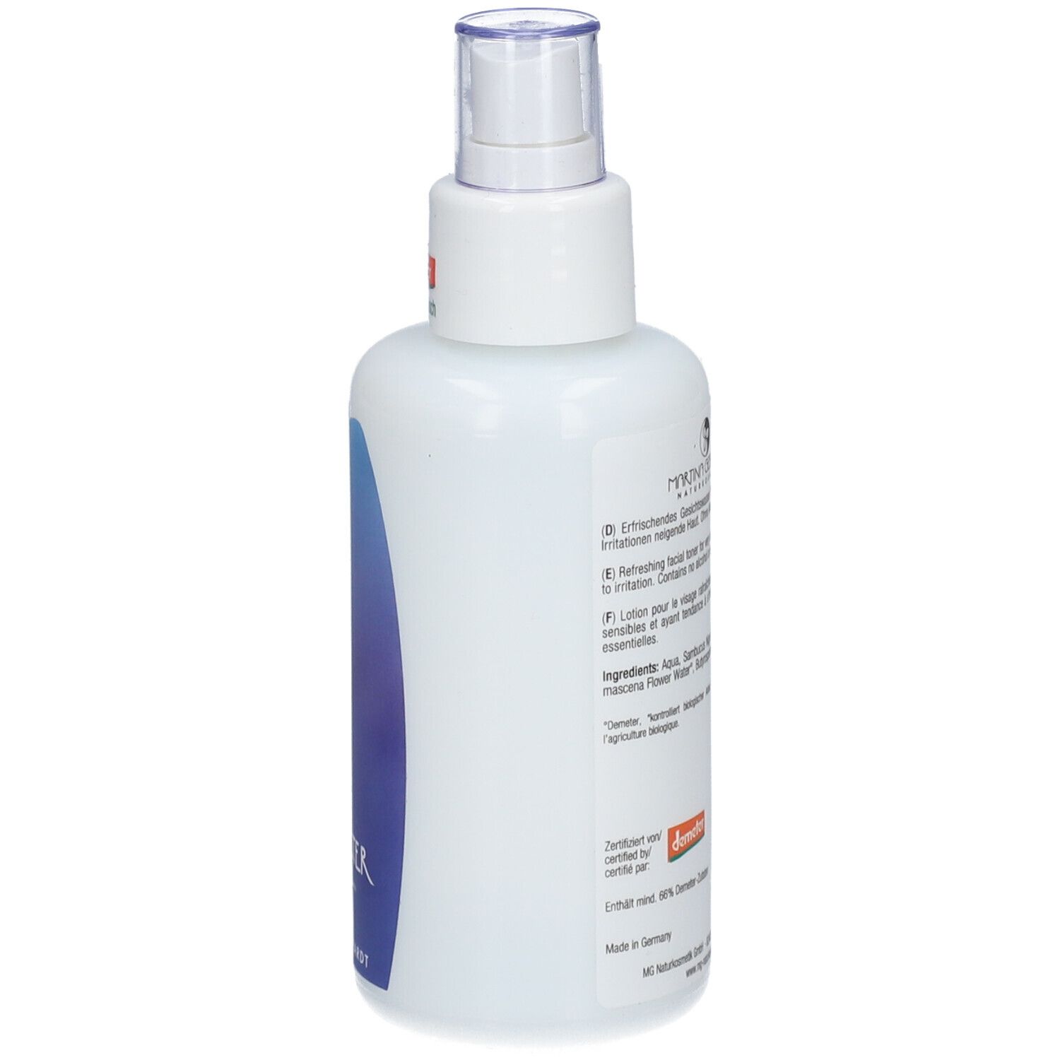 Martina Gebhardt Sheabutter Tonic Flasche, Seitenansicht mit Hinweisen und Siegeln.