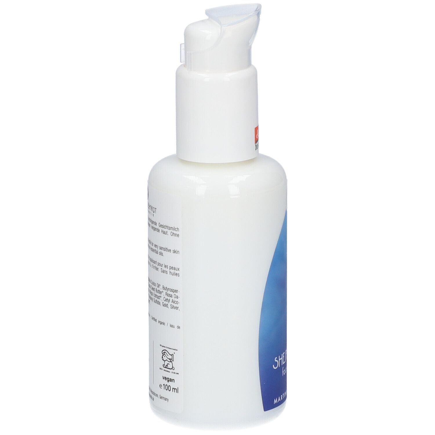 Rückseite der Martina Gebhardt Sheabutter Gesichtsmilch Flasche mit Produktinformationen.