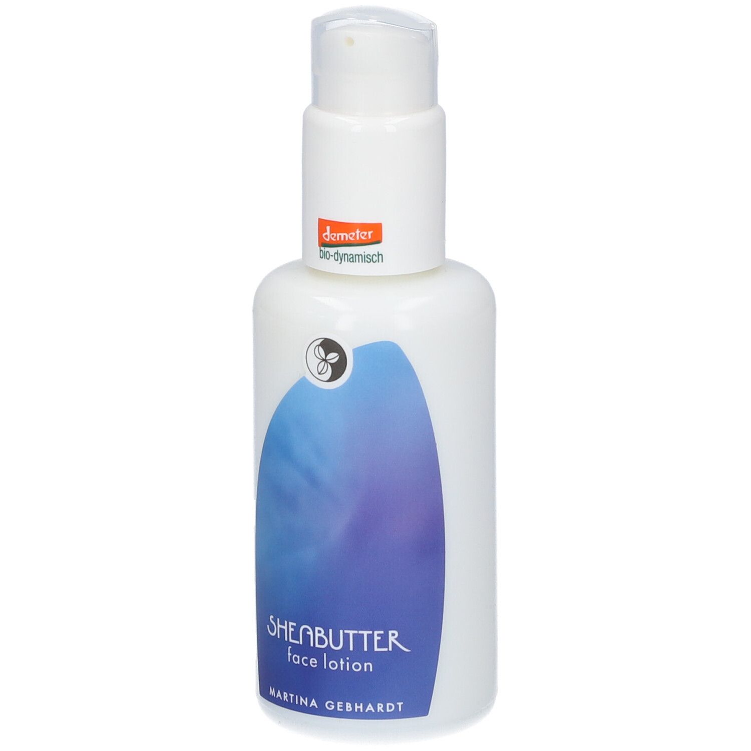 Martina Gebhardt Sheabutter Gesichtsmilch in weißer Spenderflasche mit blauem Etikett.