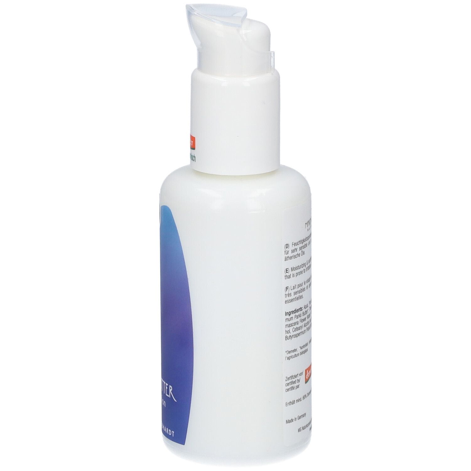 Rückseite der Martina Gebhardt Sheabutter Gesichtsmilch Flasche mit Produktinformationen.