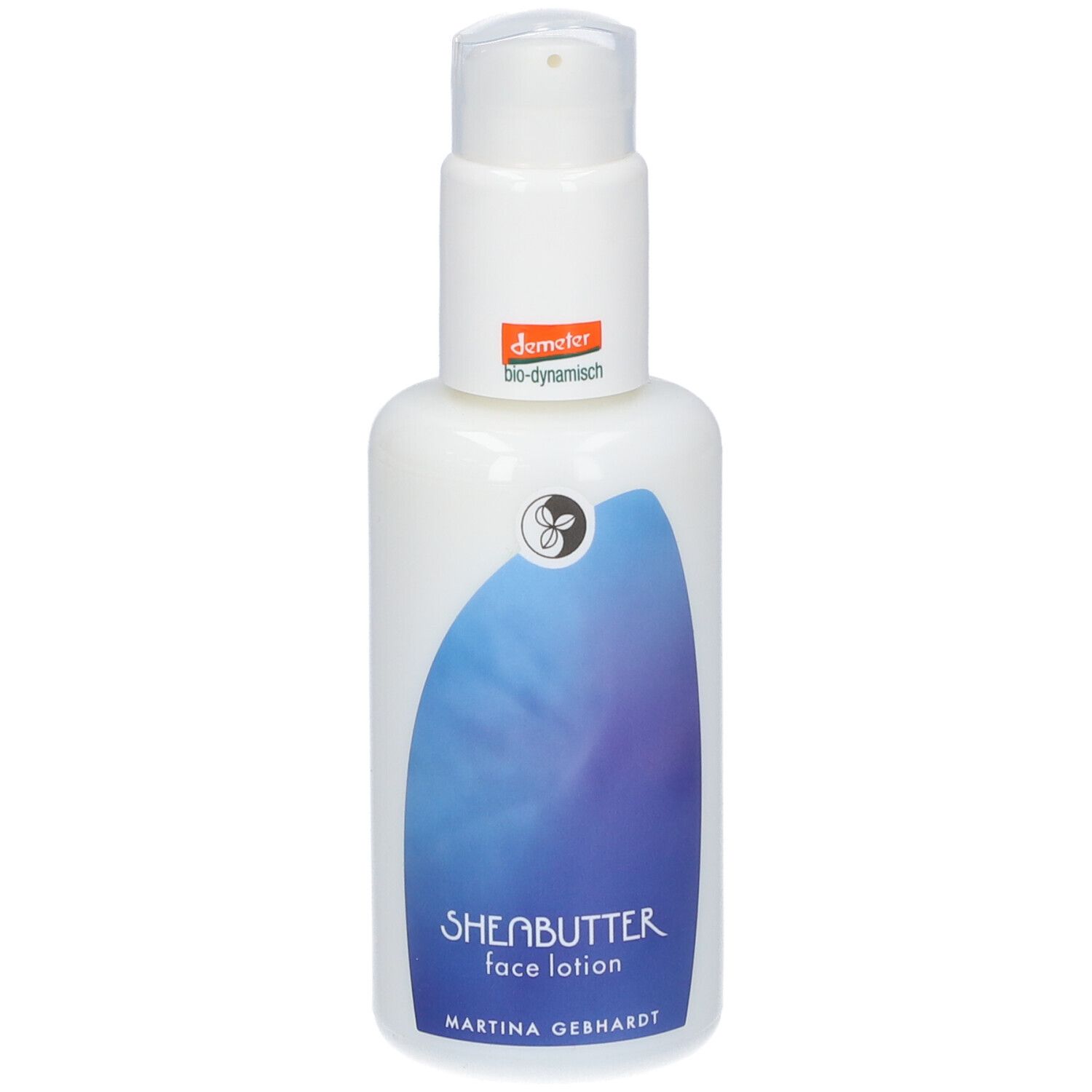 Martina Gebhardt Sheabutter Gesichtsmilch in weißer Spenderflasche mit blauem Etikett.