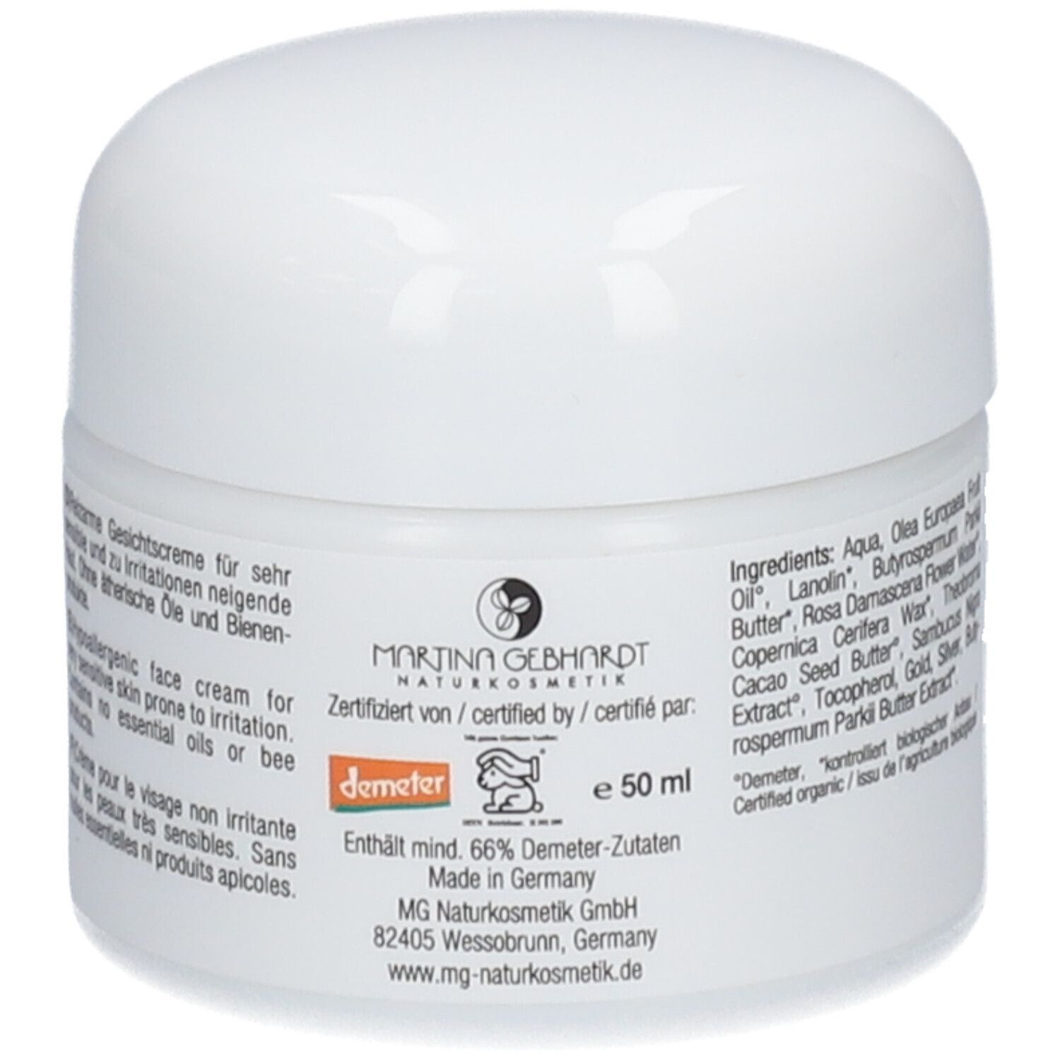 Martina Gebhardt Sheabutter Cream: Tiegel mit Angaben '50 ml', 'Made in Germany', Demeter-Siegel und Inhaltsstoffen.