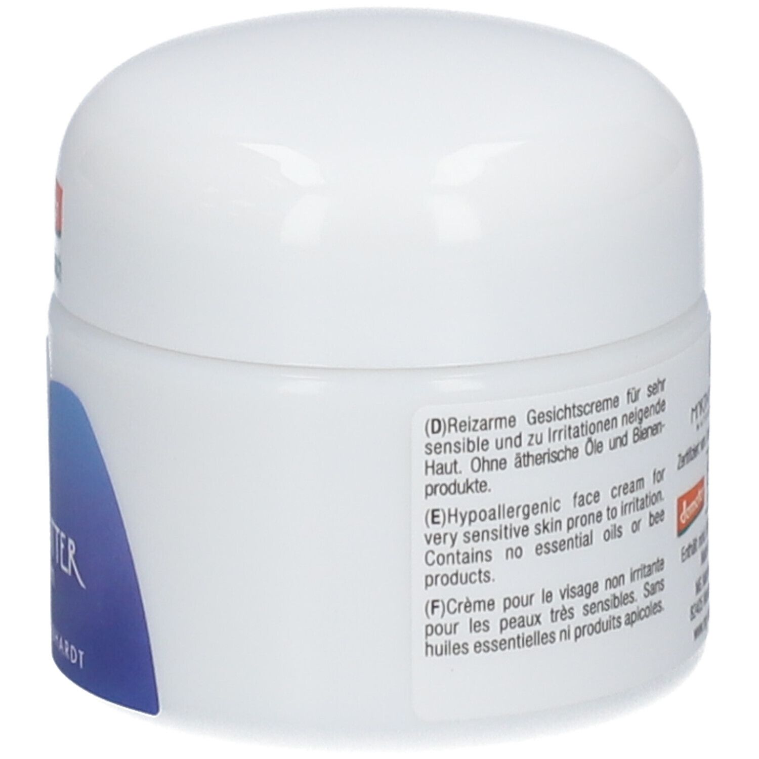 Martina Gebhardt Sheabutter Cream: Tiegel mit Beschreibung 'Hypoallergenic face cream for very sensitive skin'.
