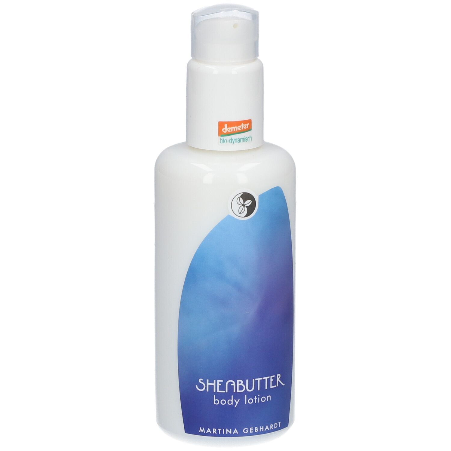 Weiße Pumpflasche mit blauem Wellenmuster und Aufschrift 'SHEABUTTER body lotion'.