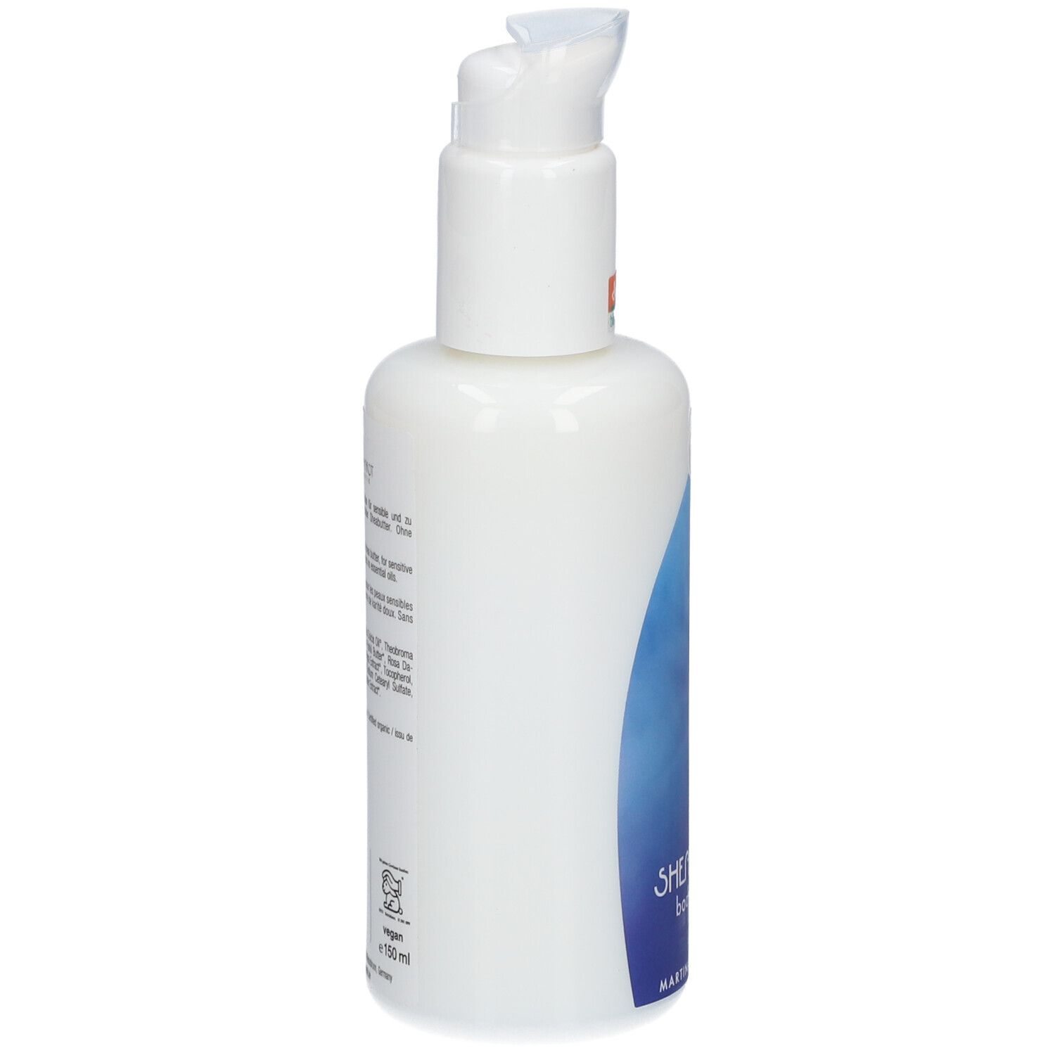 Seitenansicht einer weißen Pumpflasche mit blauem Wellenmuster und Produktinformationen.