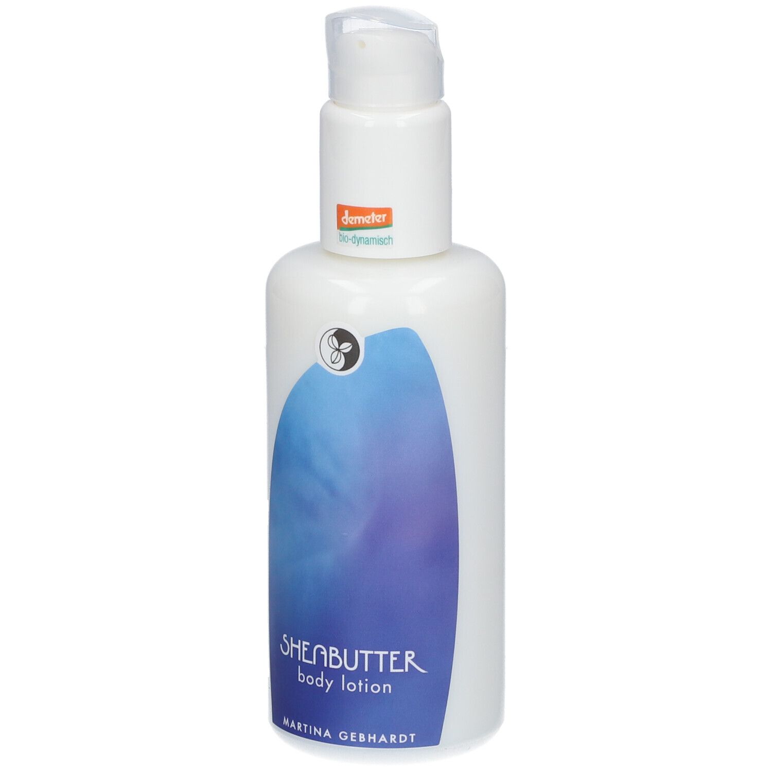 Weiße Pumpflasche mit blauem Wellenmuster und Aufschrift 'SHEABUTTER body lotion'.