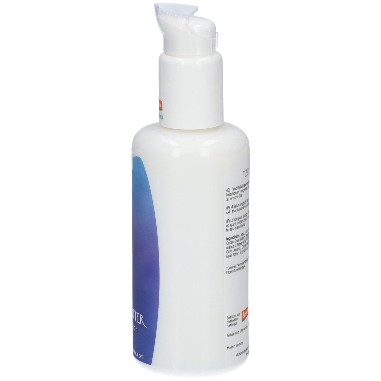 Seitenansicht einer weißen Pumpflasche mit blauem Wellenmuster und Produktinformationen.