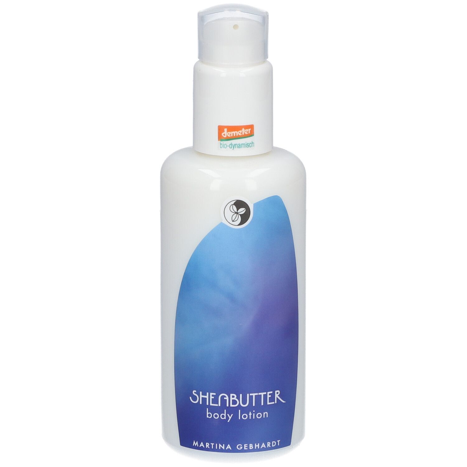 Weiße Pumpflasche mit blauem Wellenmuster und Aufschrift 'SHEABUTTER body lotion'.