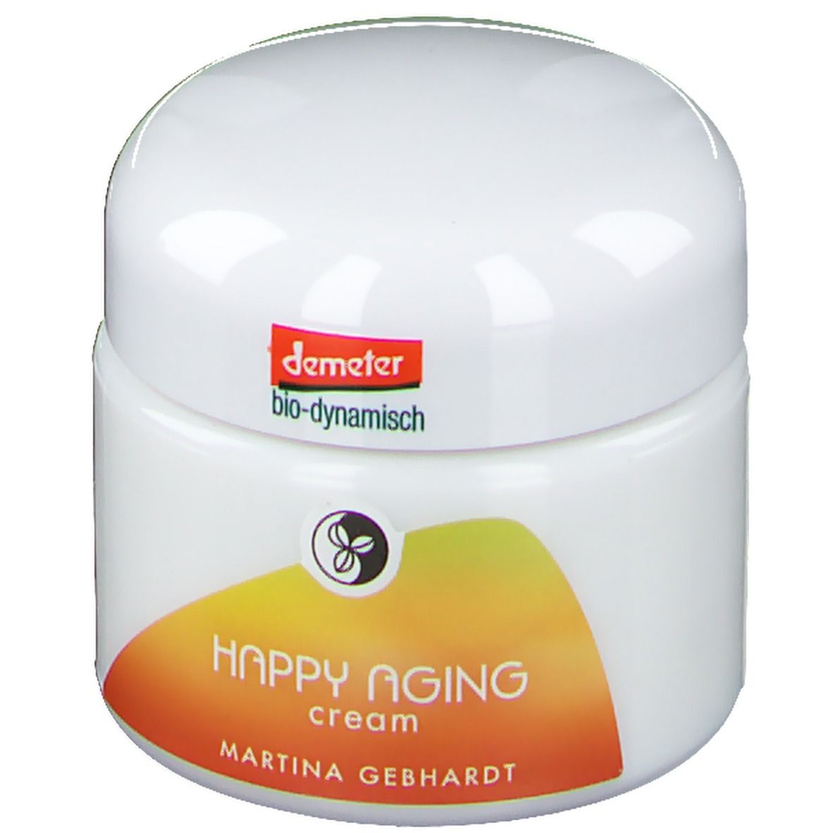 Martina Gebhardt Happy Aging Gesichtscreme in weißem Tiegel mit orange-gelbem Etikett.