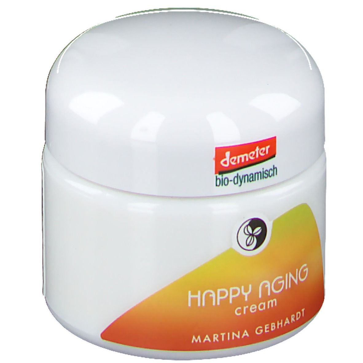 Martina Gebhardt Happy Aging Gesichtscreme in weißem Tiegel mit orange-gelbem Etikett.