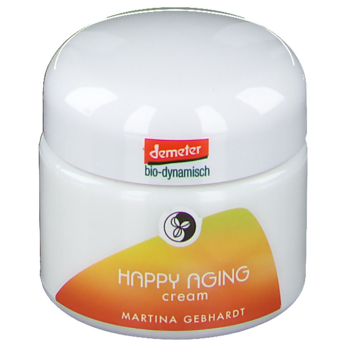 Martina Gebhardt Happy Aging Gesichtscreme in weißem Tiegel mit orange-gelbem Etikett.
