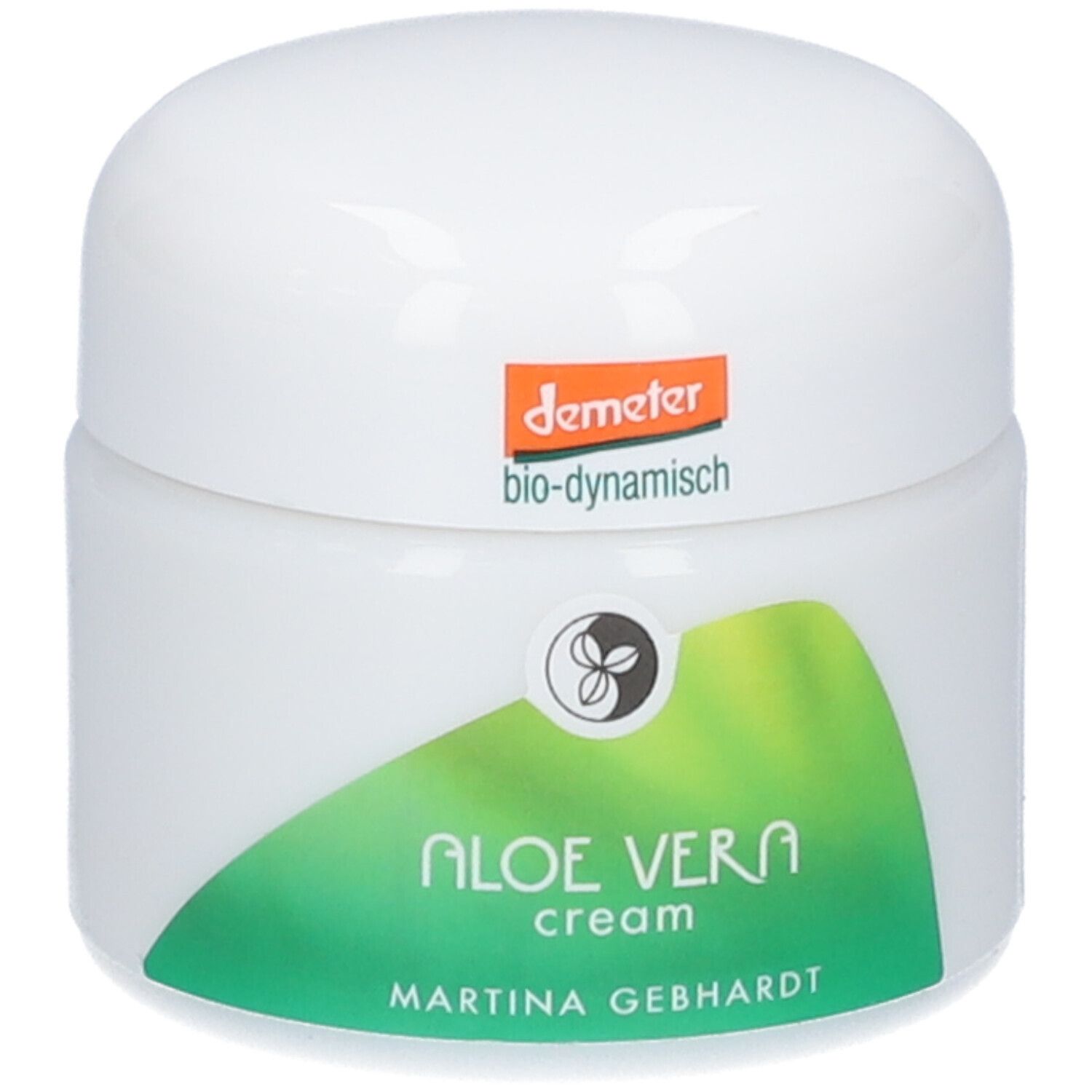 Martina Gebhardt Aloe Vera Cream: Weiße Dose mit grünem Etikett und Demeter-Siegel.