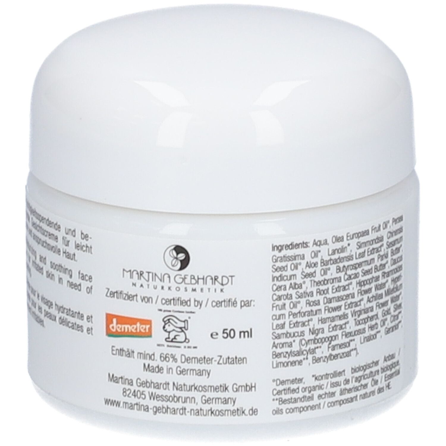Martina Gebhardt Aloe Vera Cream: Rückseite mit Inhaltsstoffen, Demeter-Siegel und 50 ml Angabe.