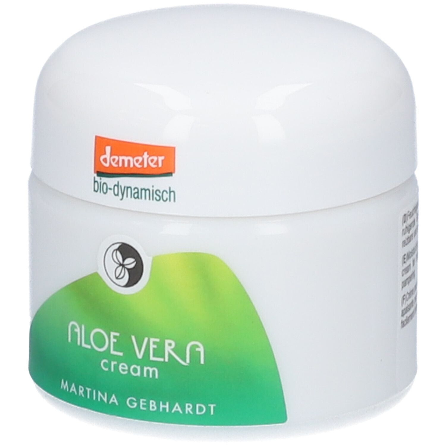Martina Gebhardt Aloe Vera Cream: Weiße Dose mit grünem Etikett und Demeter-Siegel.