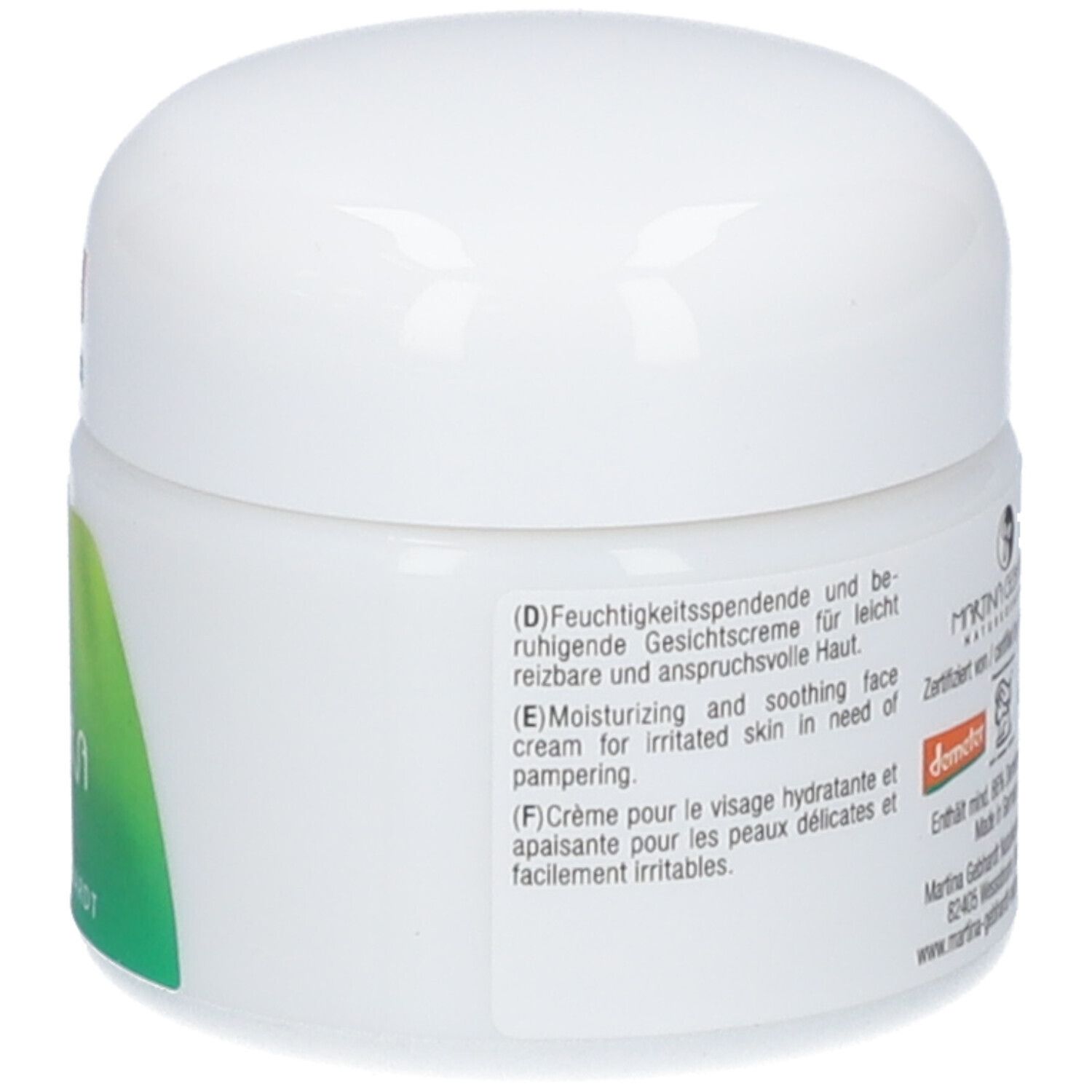 Martina Gebhardt Aloe Vera Cream: Weiße Dose mit grünem Etikett und Demeter-Siegel.