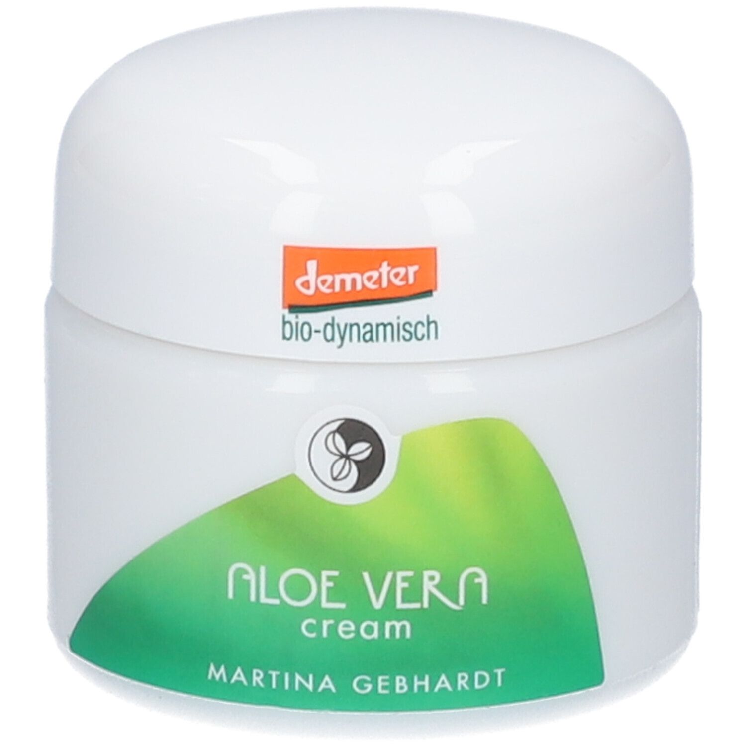 Martina Gebhardt Aloe Vera Cream: Weiße Dose mit grünem Etikett und Demeter-Siegel.