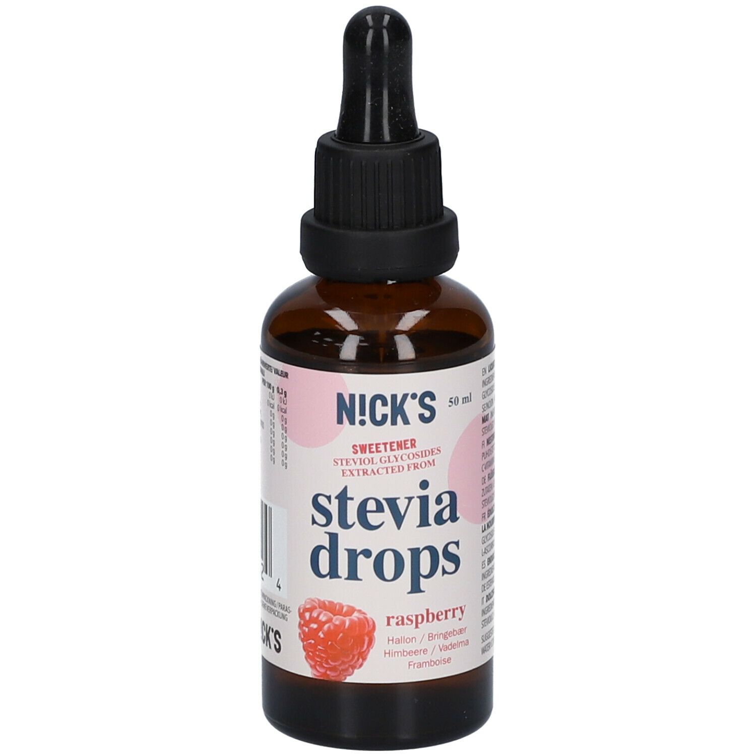 Braune Glasflasche mit schwarzem Deckel und Pipette. Etikett mit "N!CK'S Stevia drops raspberry".