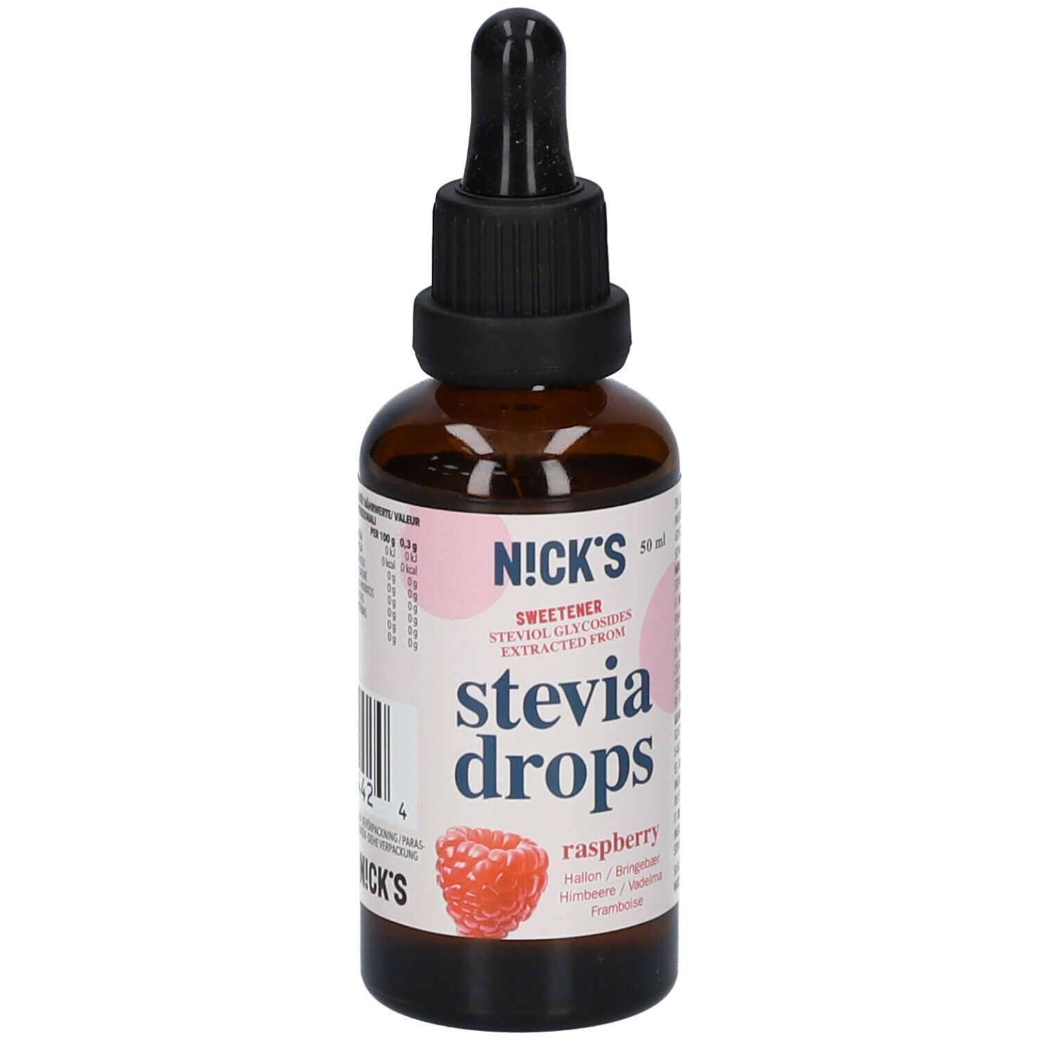 Braune Glasflasche mit schwarzem Deckel und Pipette. Etikett mit "N!CK'S Stevia drops raspberry".