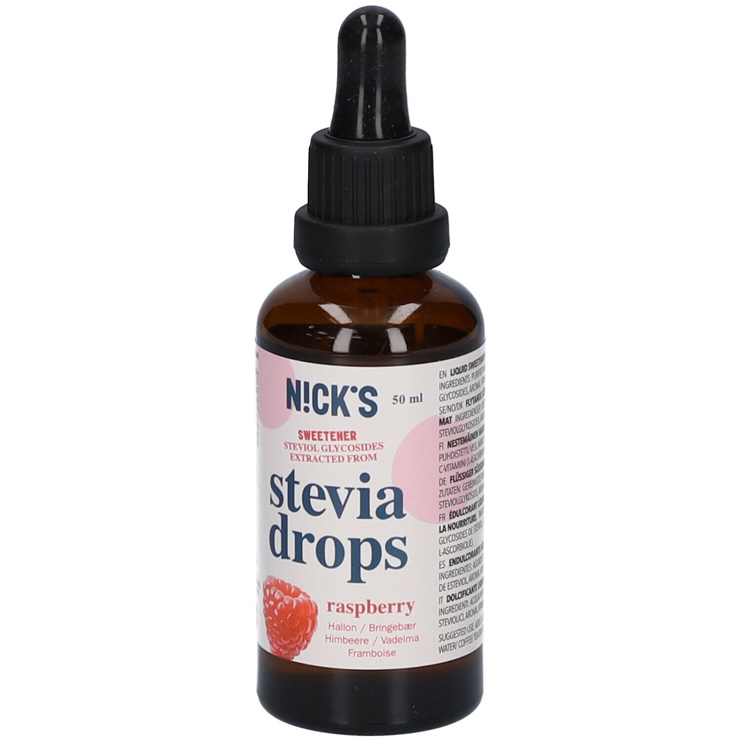 Braune Glasflasche mit schwarzem Deckel und Pipette. Etikett mit "N!CK'S Stevia drops raspberry".