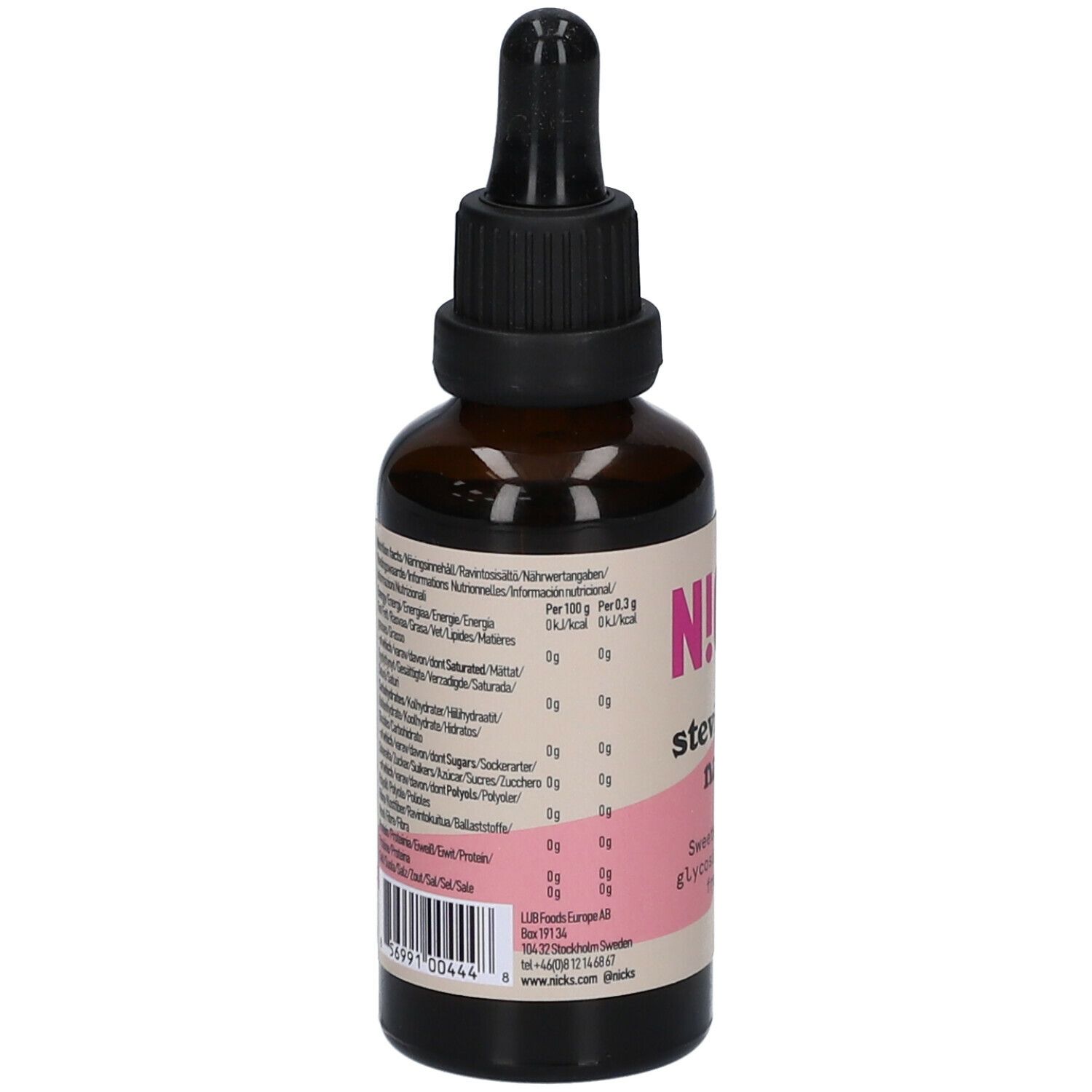 Flacon en verre brun avec bouchon noir et pipette. Étiquette rose avec informations nutritionnelles. Code-barres en bas.