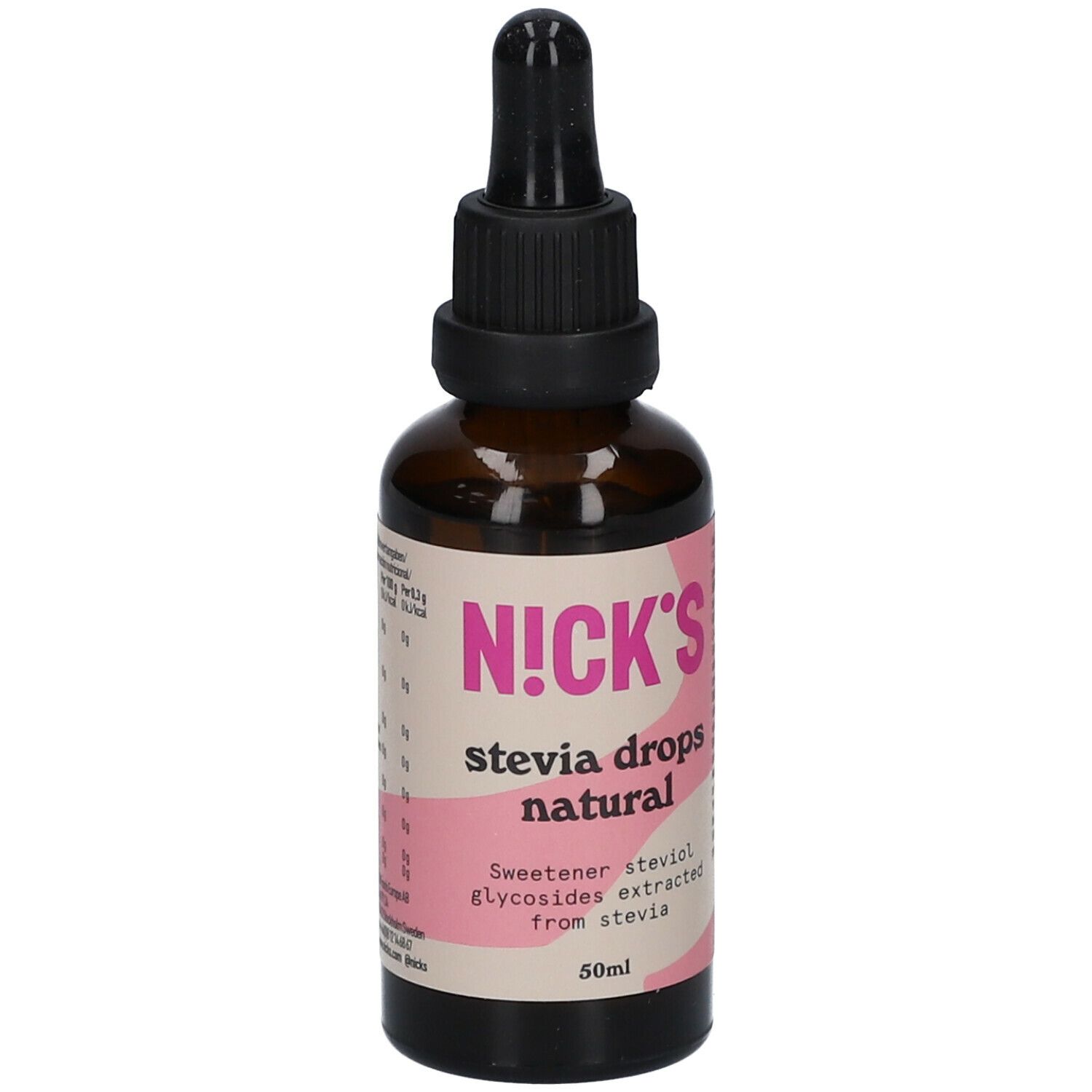 Flacon en verre brun avec bouchon noir et pipette. Étiquette rose avec 'N!CK'S Stevia drops natural' et 50ml.