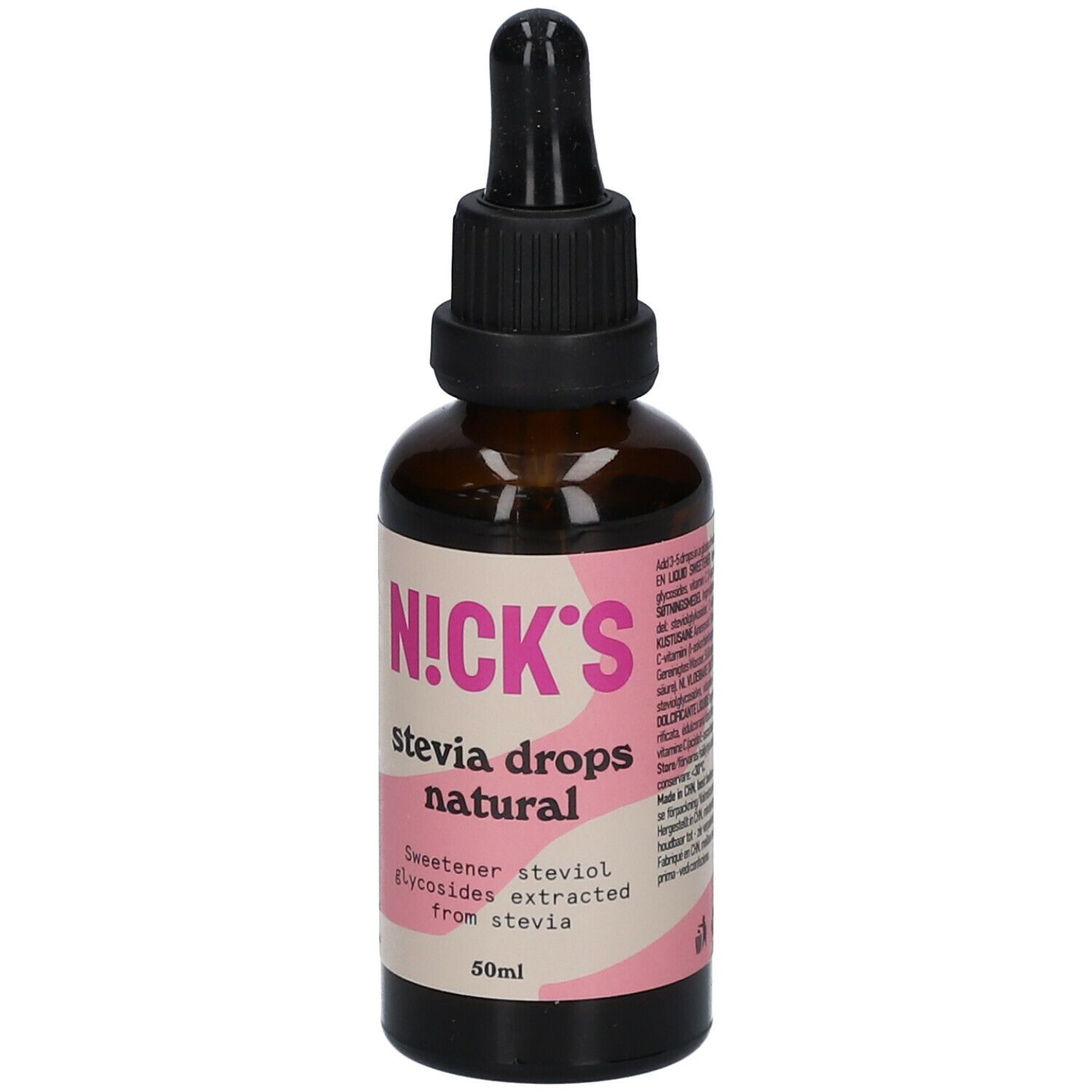 Flacon en verre brun avec bouchon noir et pipette. Étiquette rose avec 'N!CK'S Stevia drops natural' et 50ml.