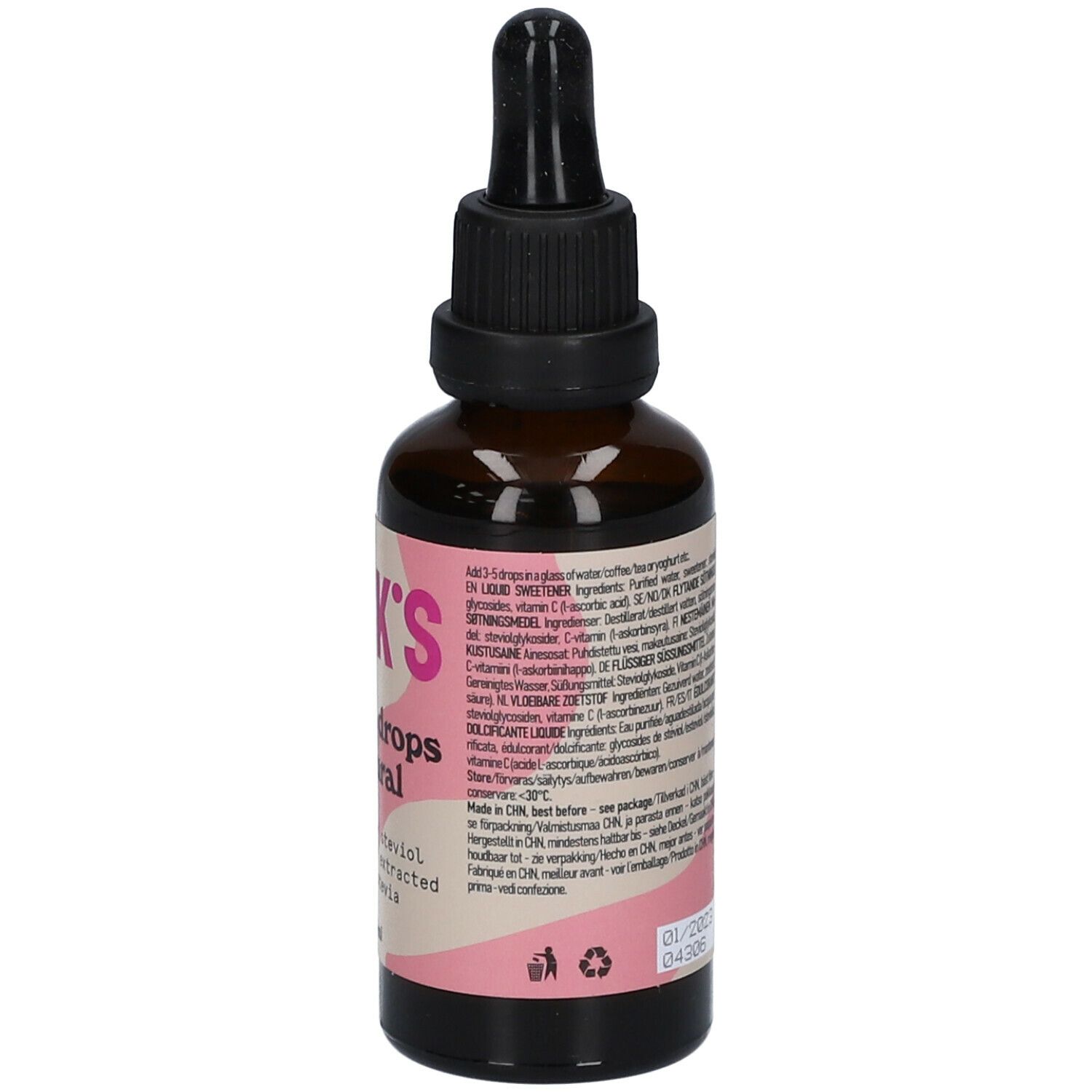 Flacon en verre brun avec bouchon noir et pipette. Étiquette rose avec texte, 'N!CK'S Stevia drops natural' et 50ml.