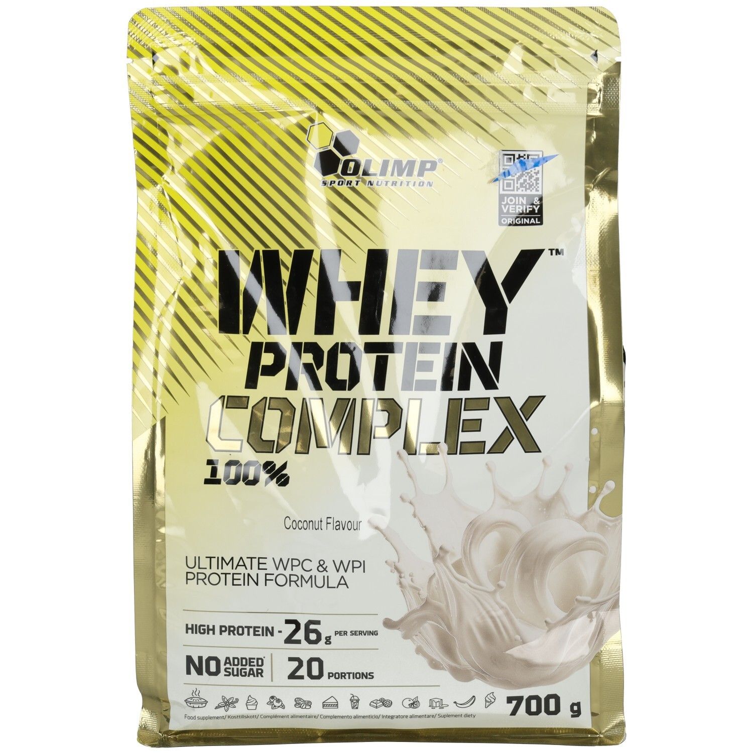 Gelbe Verpackung mit Olimp Whey Protein Complex 100% Kokosgeschmack. Enthält 700g.